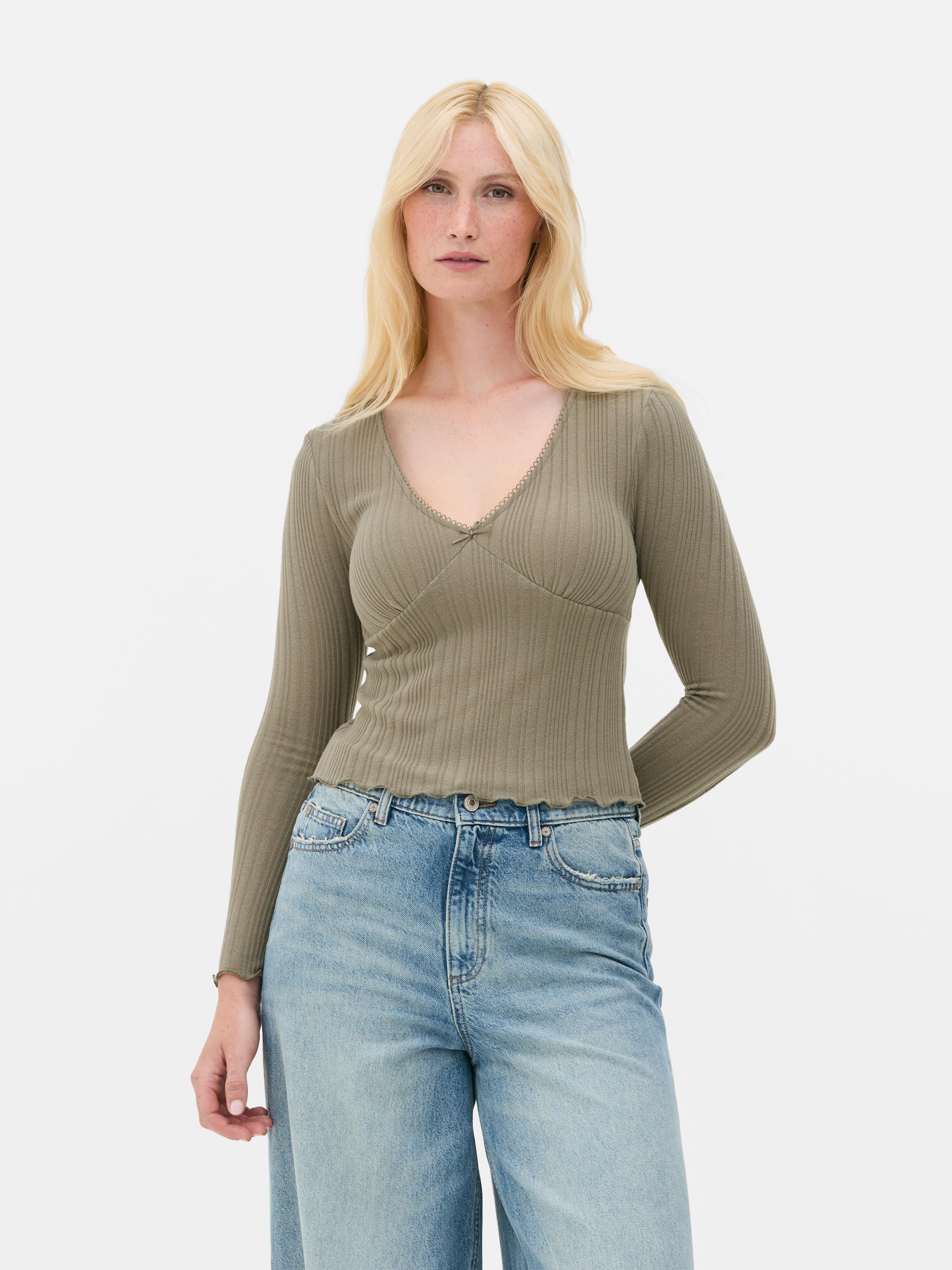 Ribbed Long Sleeve V-Neck Top