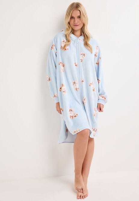 Womens Blue Cat Print Zip Through Blanket Dressing Gown