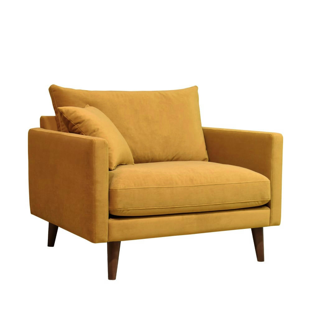 VILLABON - Fauteuil XL en velours pieds bois foncé jaune moutarde