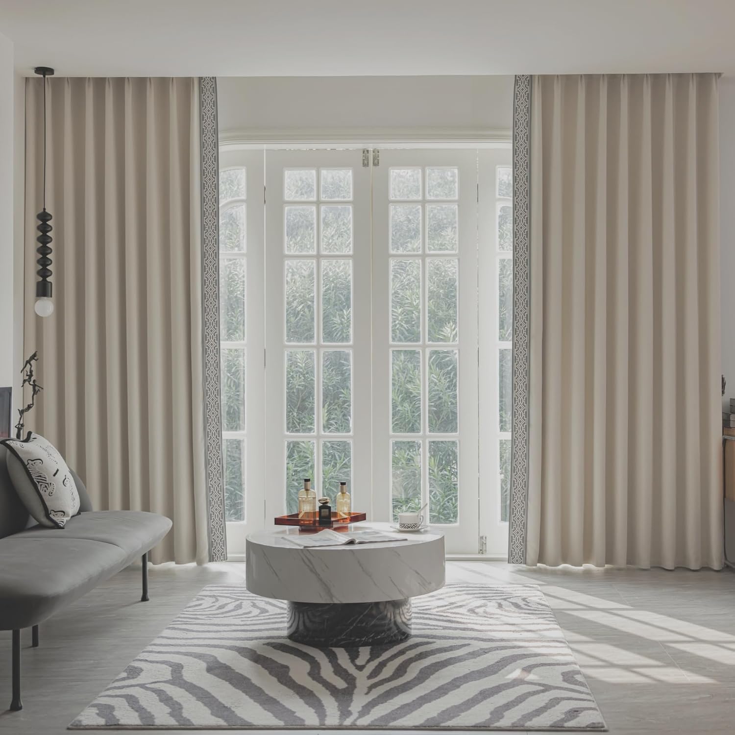 Ivory Cream Cotton Blend Curtain Panels with Trim Design, Pinch Pleat Curtains, Blackout Curtains for Sliding Patio Doors Bedroom (Set of 2) (52W x 96L)