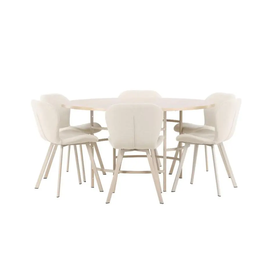 Hioshop Copenhagen eethoek tafel &Oslash;140cm en 6 stoelen whitewash- beige