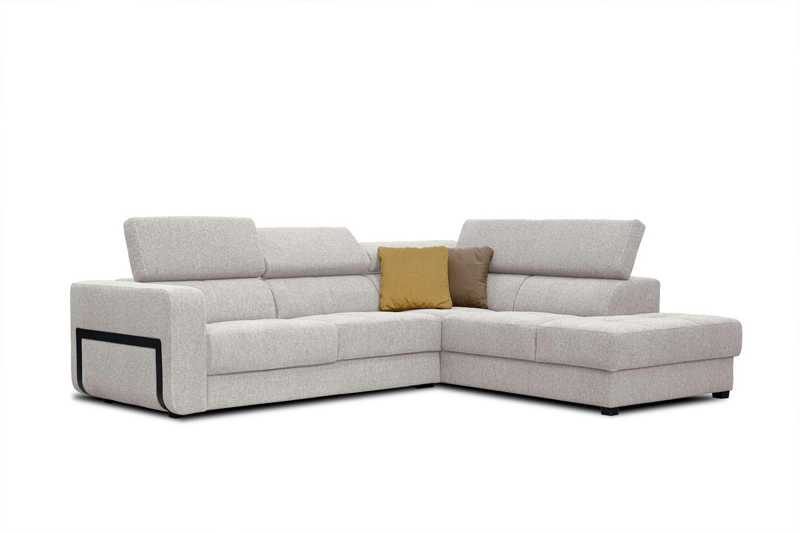 BERGO - Canapé d'angle droit 5 places en tissu beige clair avec coussins déco