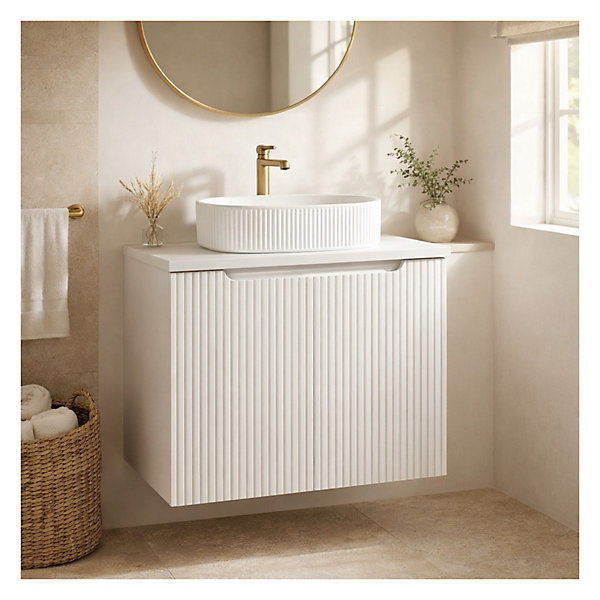 Ensemble VANO blanc 60cm : meuble sous vasque à placards et plan pour vasque blanc et vasque à poser rainurée blanche