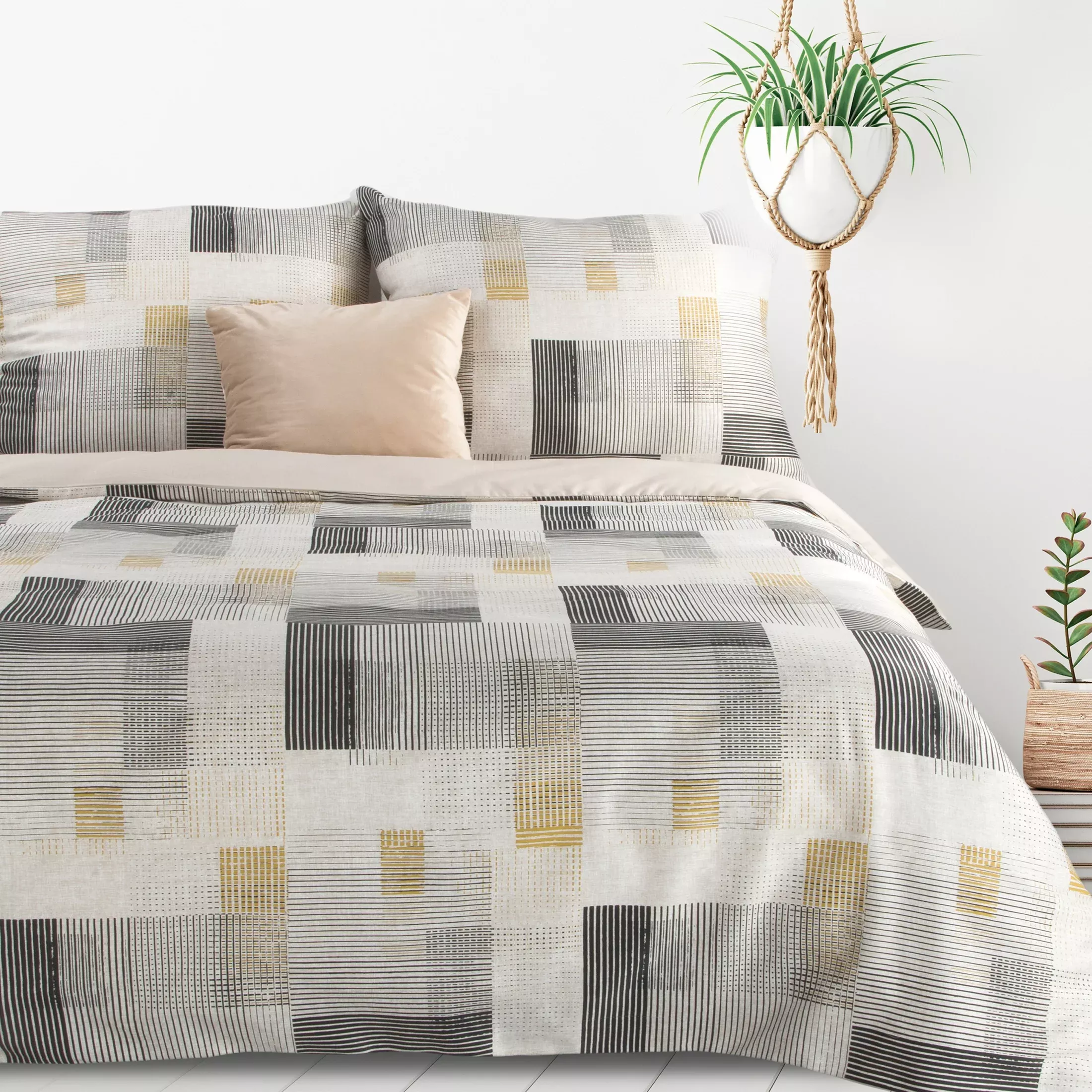 Pościel 220x200 cm komplet 3 częściowy z mieszanki włókien kolor kremowy, stalowy z motywem geometrycznym LEA 6 Design 91
