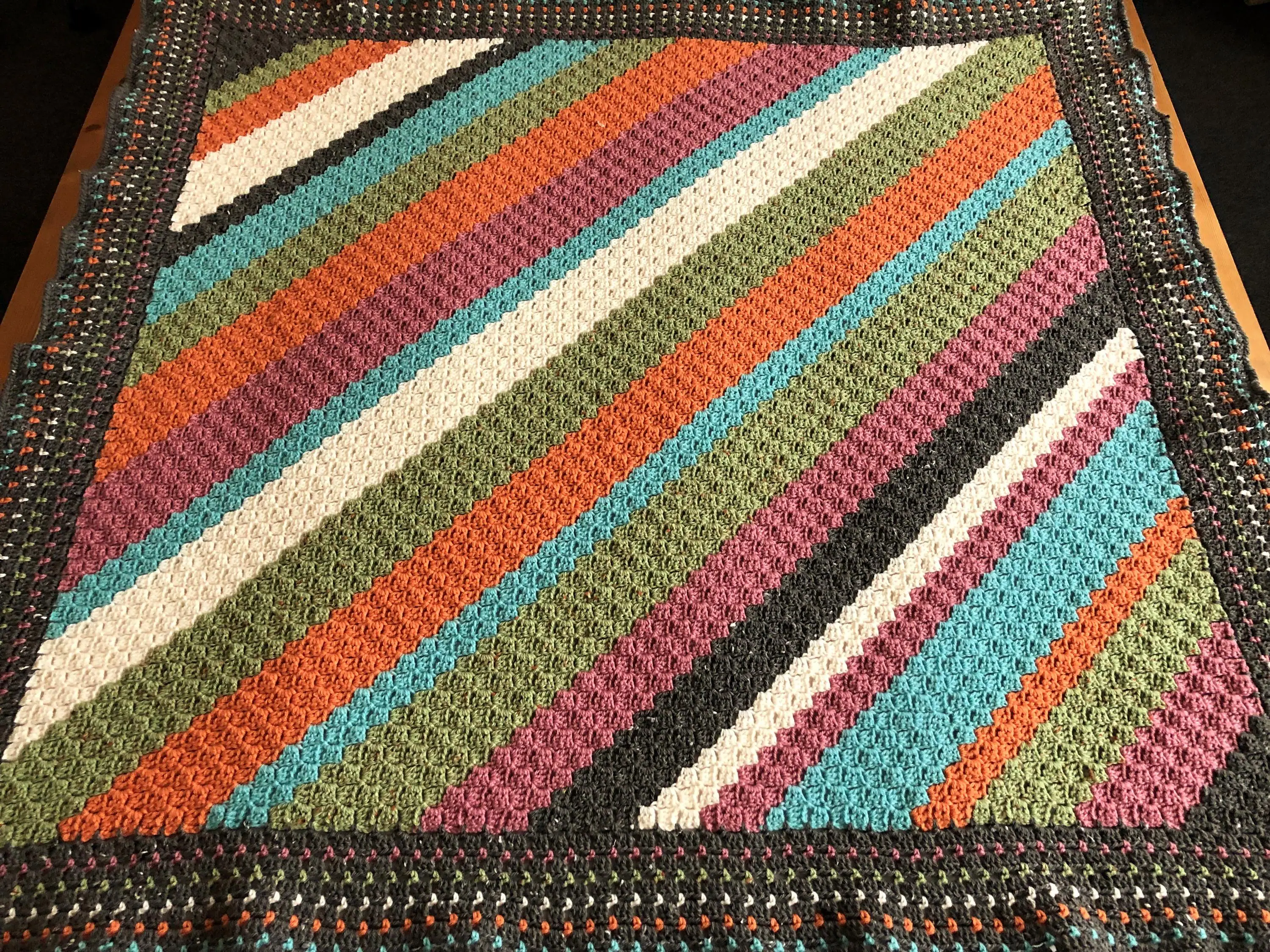 Handmade Multicoloured Diagonal Stripe Crochet Throw, Corner 2 Corner, Acrylic/Wool Blend Yarns, 5ft 6