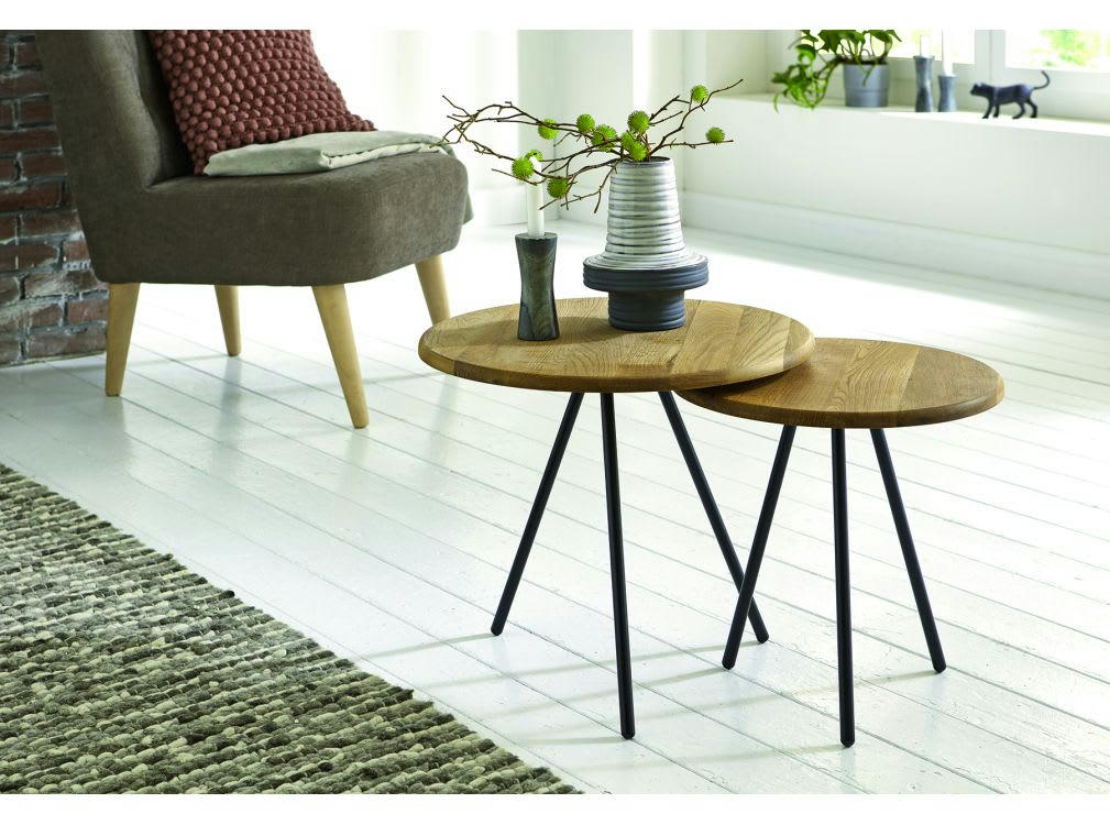 BASTIAN - Table basse ronde en chêne massif et acier noir 50cm - Noir / Bois