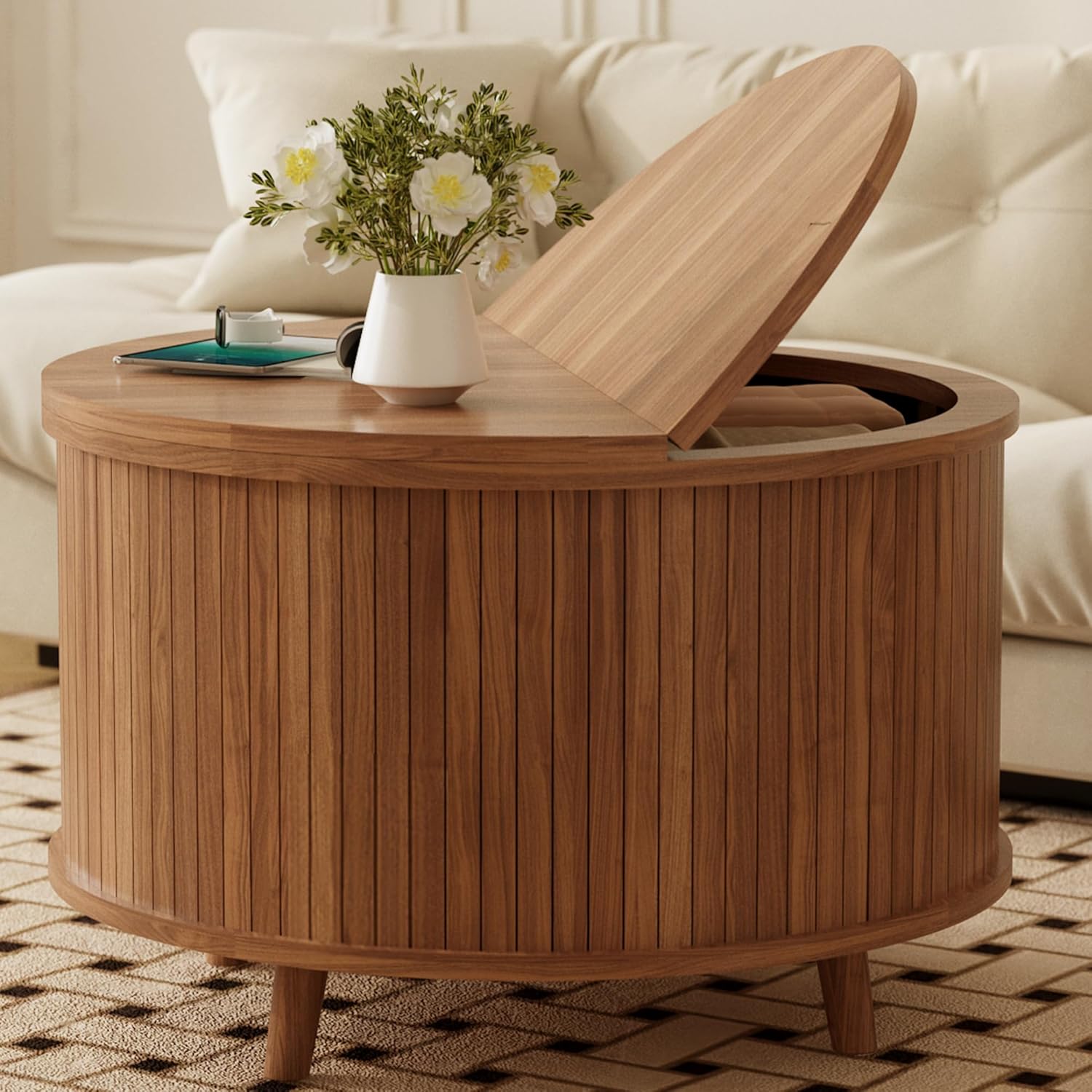 Easyego Fluted Round Coffee Table with Hidden Storage, 31.5 Mid-Century Modern Wood Drum Table for Living Room, Small Space Apartment Furniture, Walnut