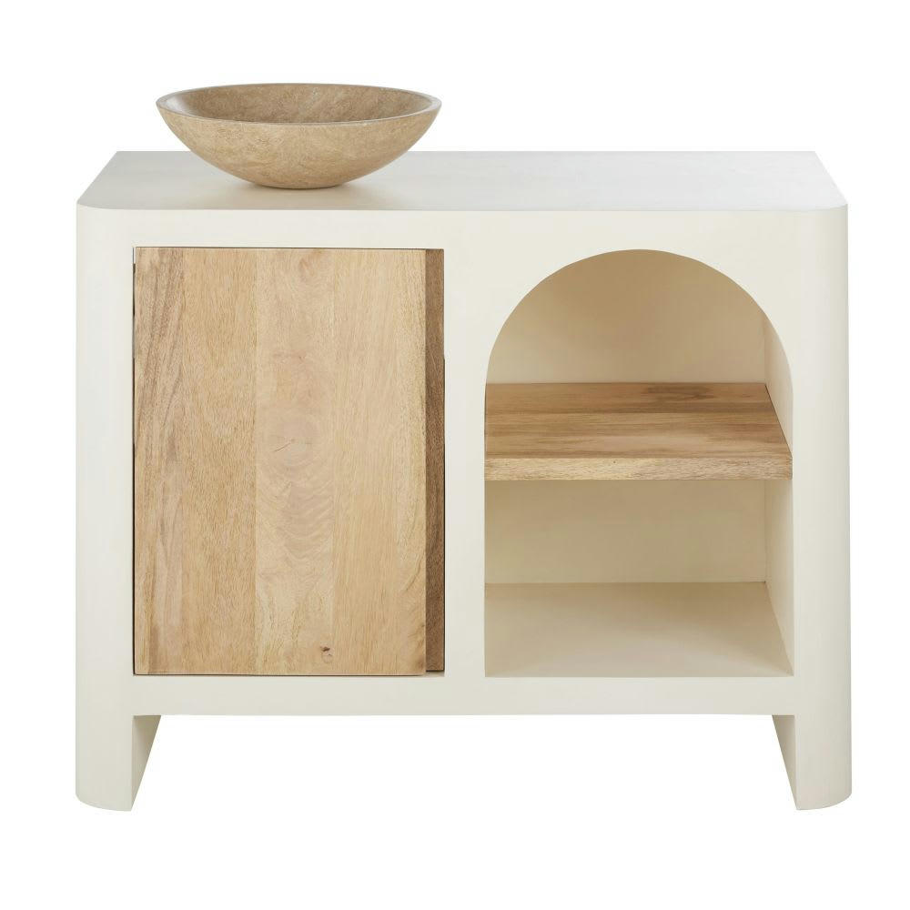 SARTENE - Meuble 1 vasque en bois de manguier beige et blanc crème