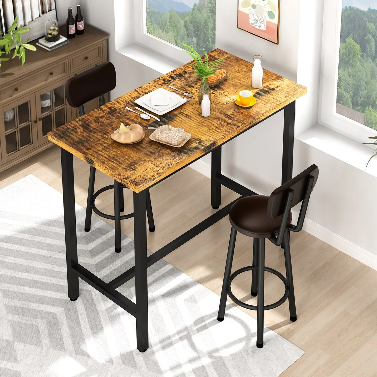 2 - Person Breakfast Nook Dining Set, Rectangular Pub Bistro Table and 2 Upholstered Chairs with Back for Home Kitchen