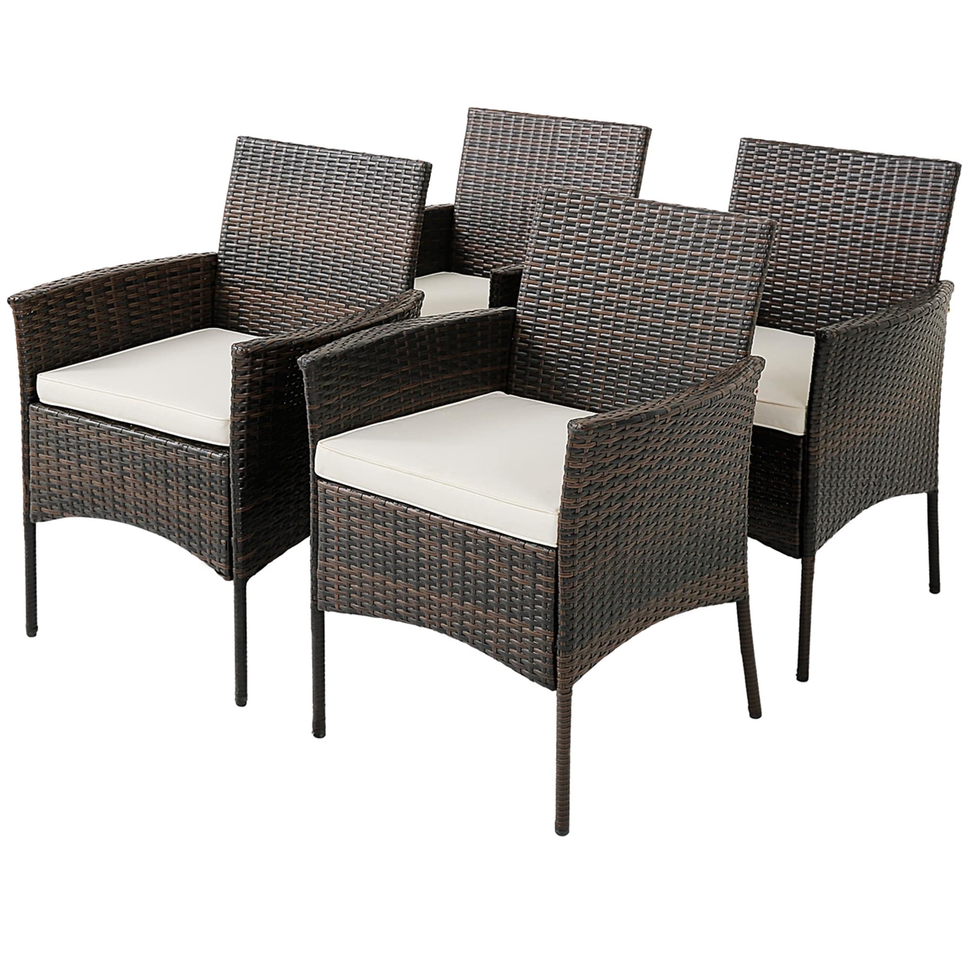 Set of 4 Patio Rattan Dining Chairs Cushioned Seat Curved Armrests
