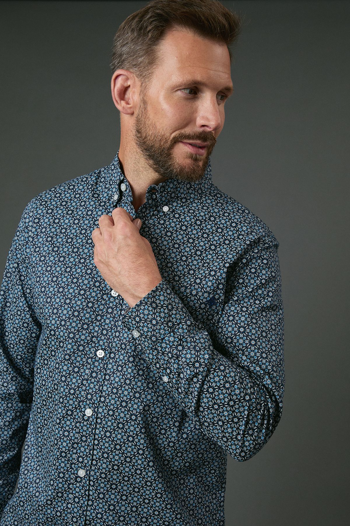 Maine Blue Tile Printed Long Sleeve Shirt