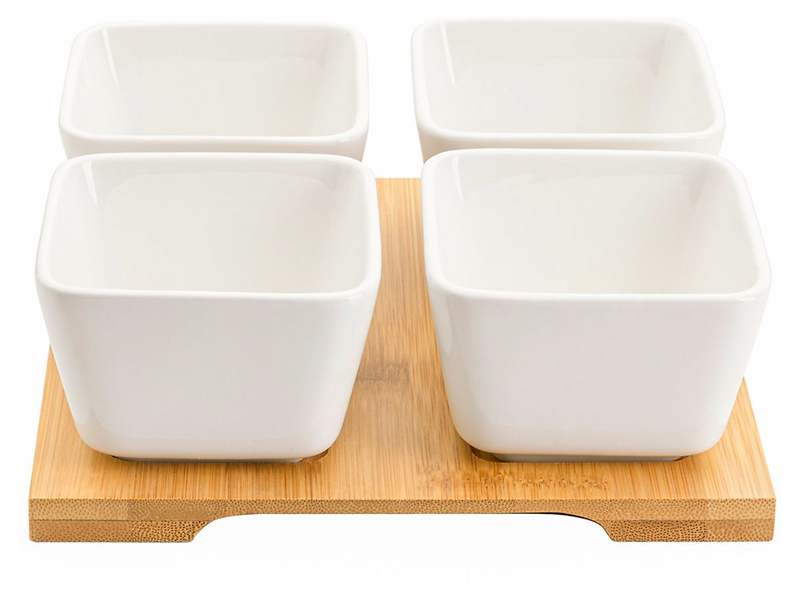 Miseczki na bambusowej podstawce Adria porcelanowe 4 szt. białe
