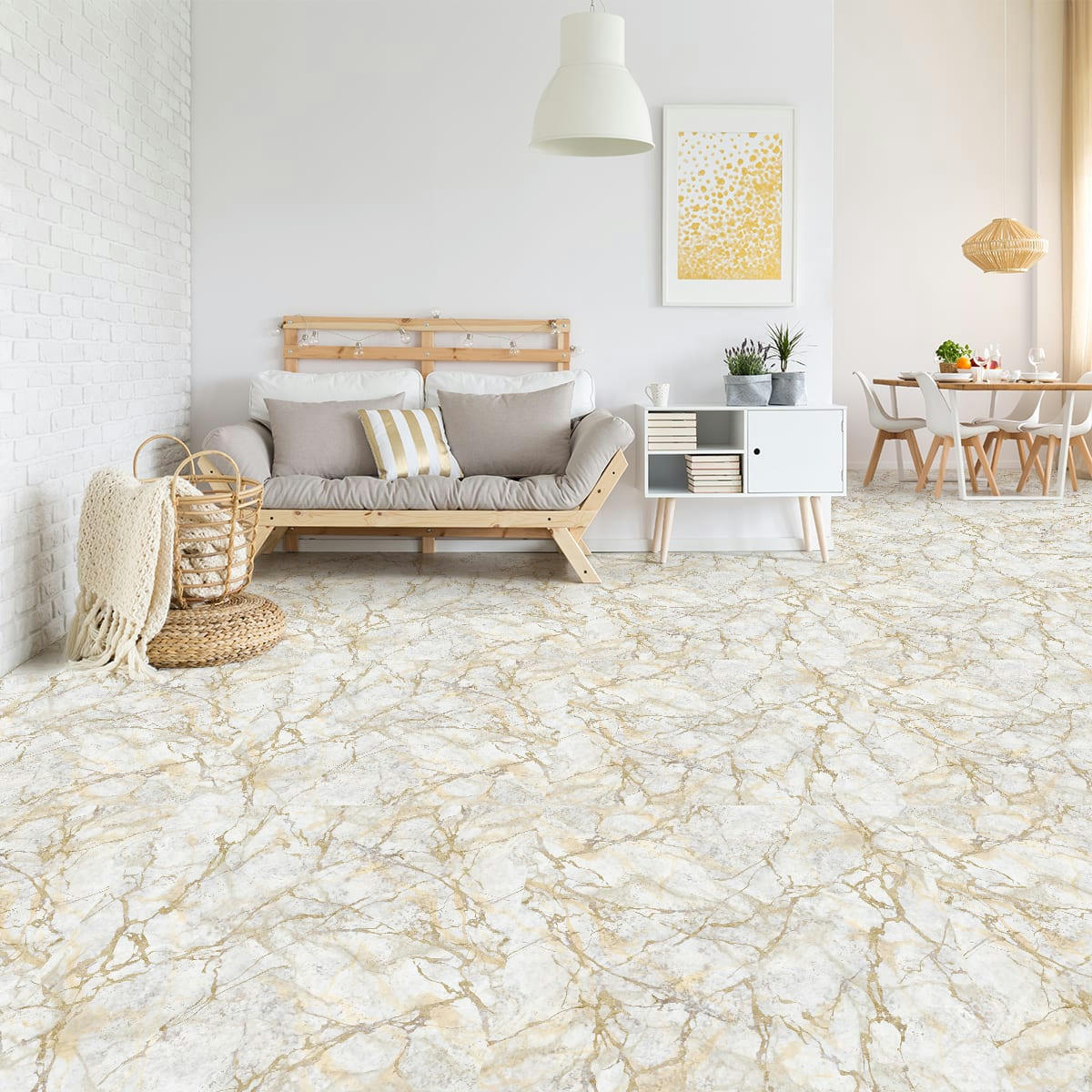 - Adhésifs stickers sol marbre blanc ligne dorée 50x50cm