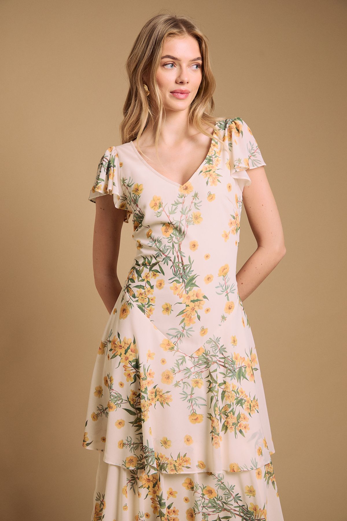 Oasis Floral Printed Chiffon Ruffle Tiered Maxi Dress