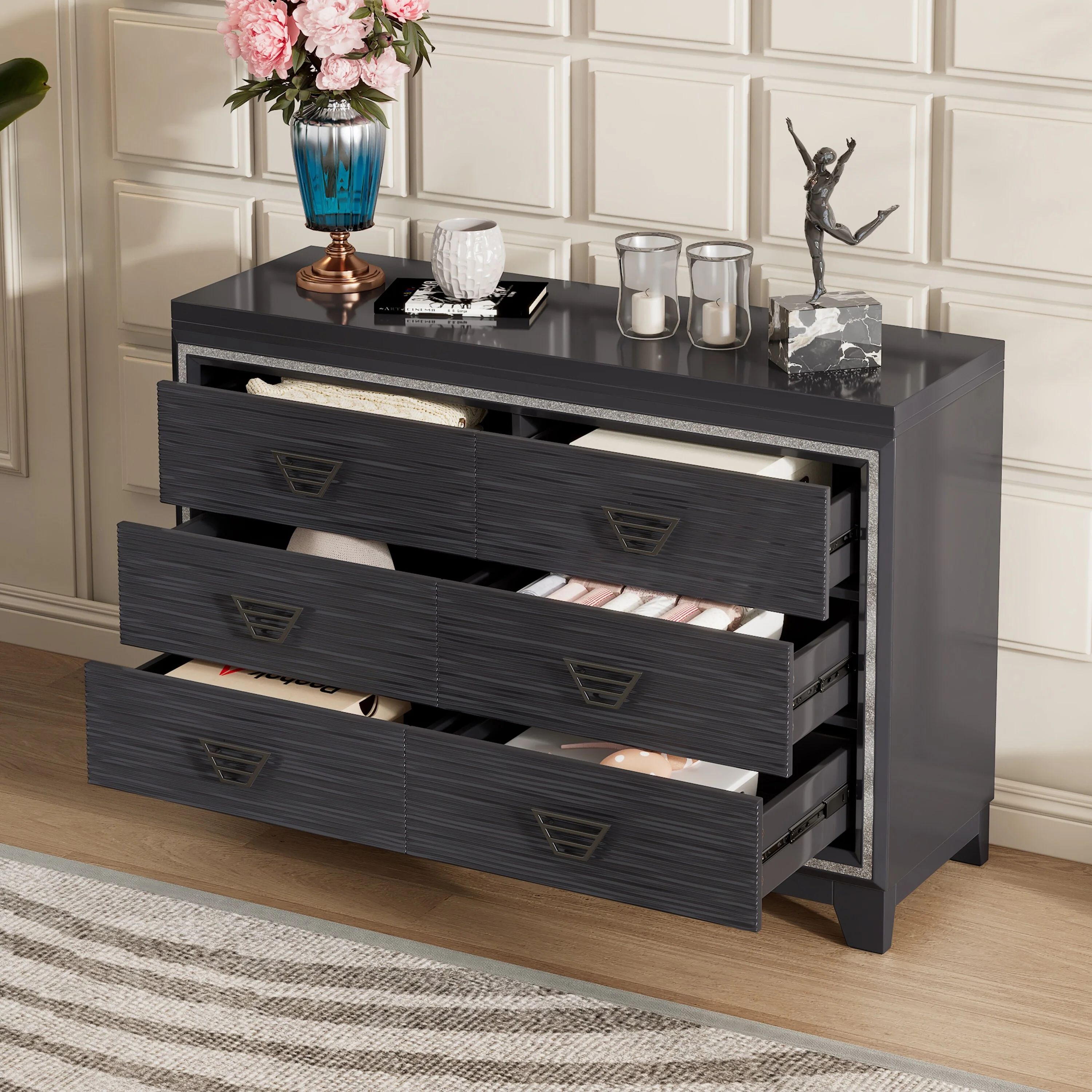 6 Drawers Bedroom Dresser, Large Capacity Clothing Storage Organizer Closet, Double Dresser with Metal Handles