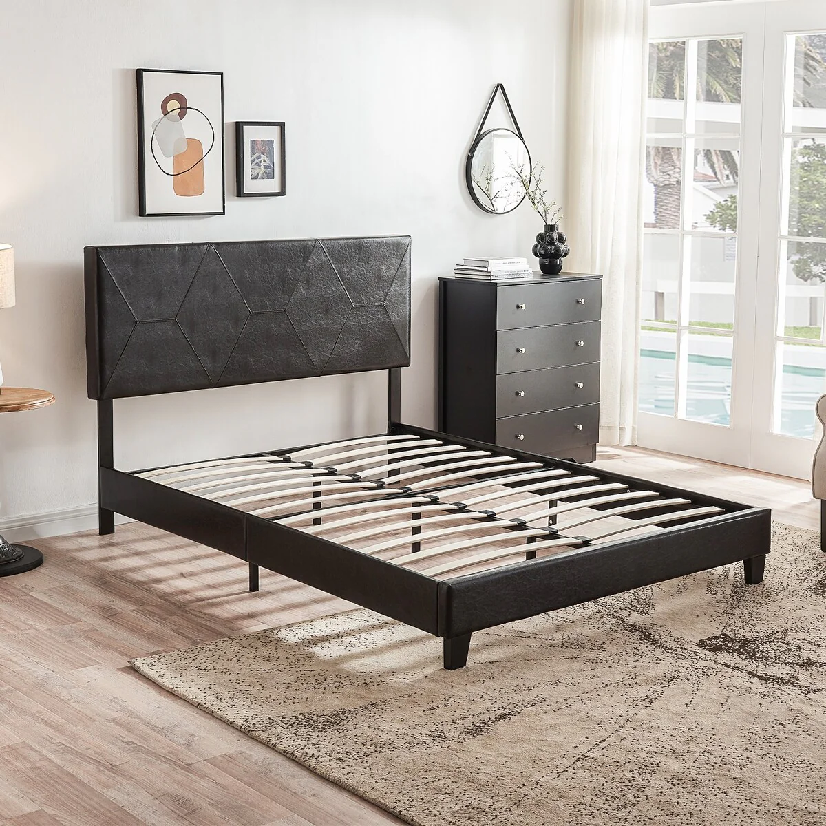 Queen Size Upholstered Platform Bed Frame ,Wood Slat Support, Easy Assembly,Black,PU