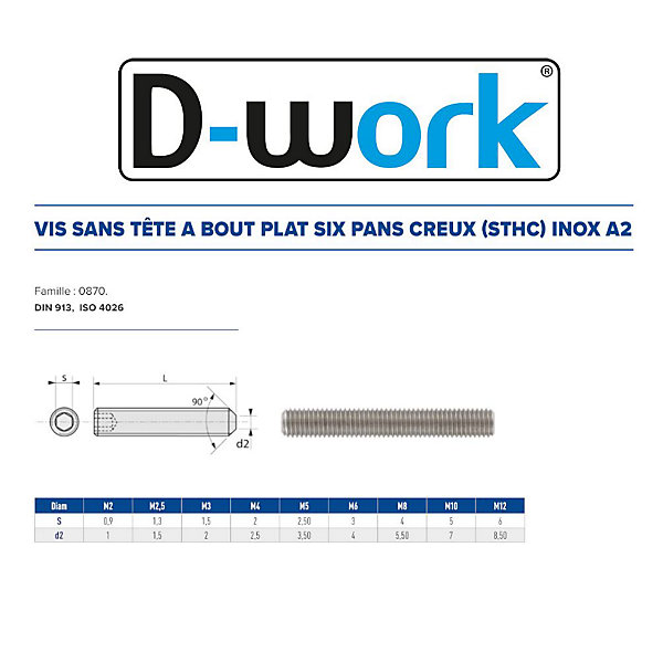 200 Vis Sans Tête 6 Pans Creux à Bout Plat STHC 6 x 5 mm - DIN 913 - Inox A2 - D-Work