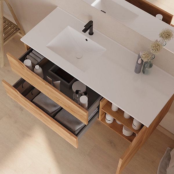 Meuble sous vasque seul, 2 tiroirs et 1 porte, 120cm, vasque déportée gauche - roble (bois clair) - ZARZA