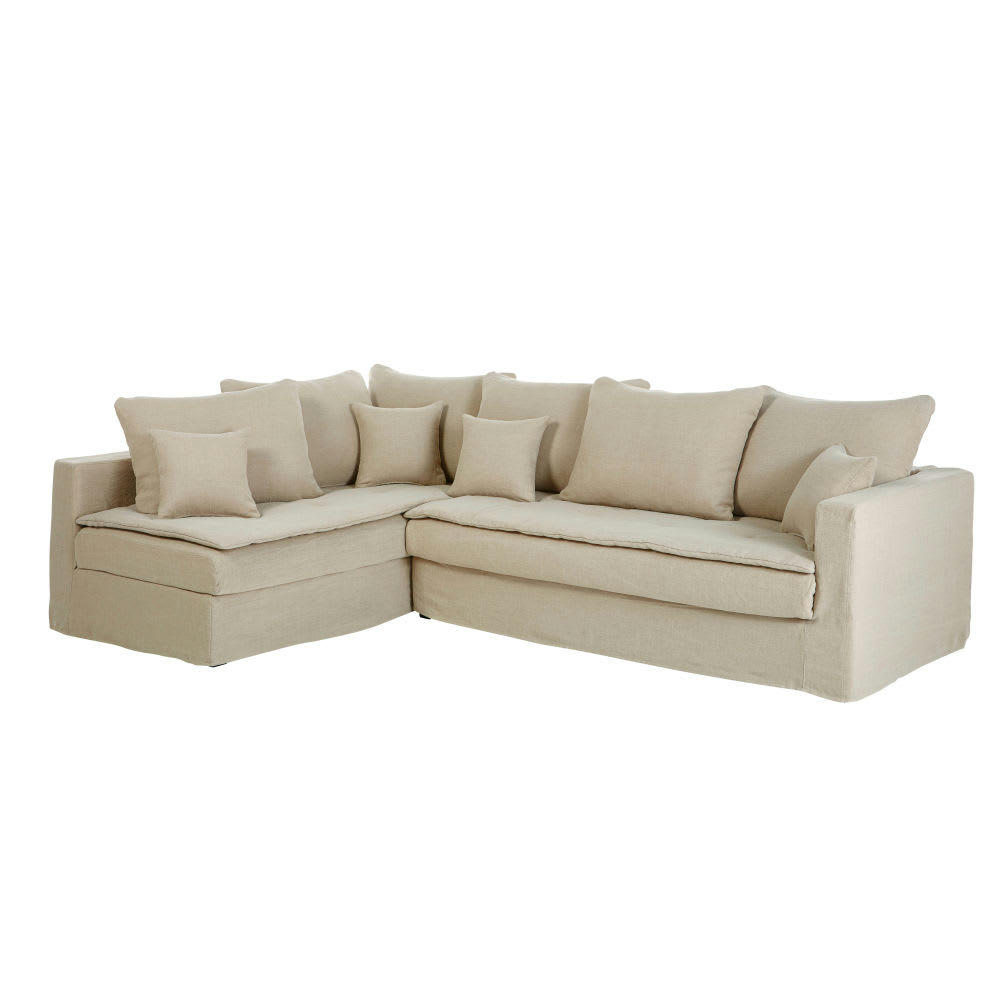 Célestin - Canapé d'angle gauche 5 places en lin beige ficelle