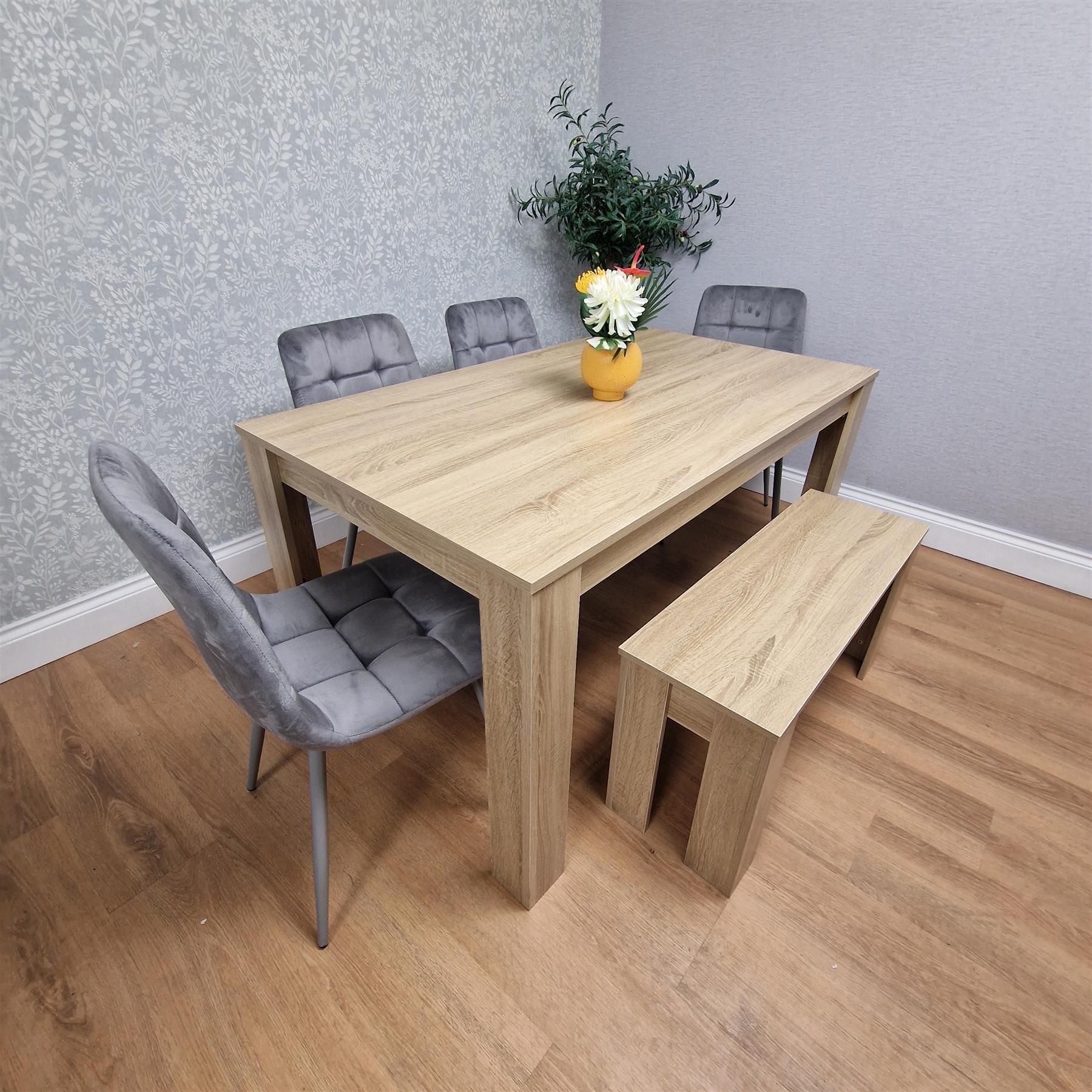 KOSY KOALA Oak Effect Dining Table With 4 Grey Velvet Chairs And Bench Dining Room Furniture