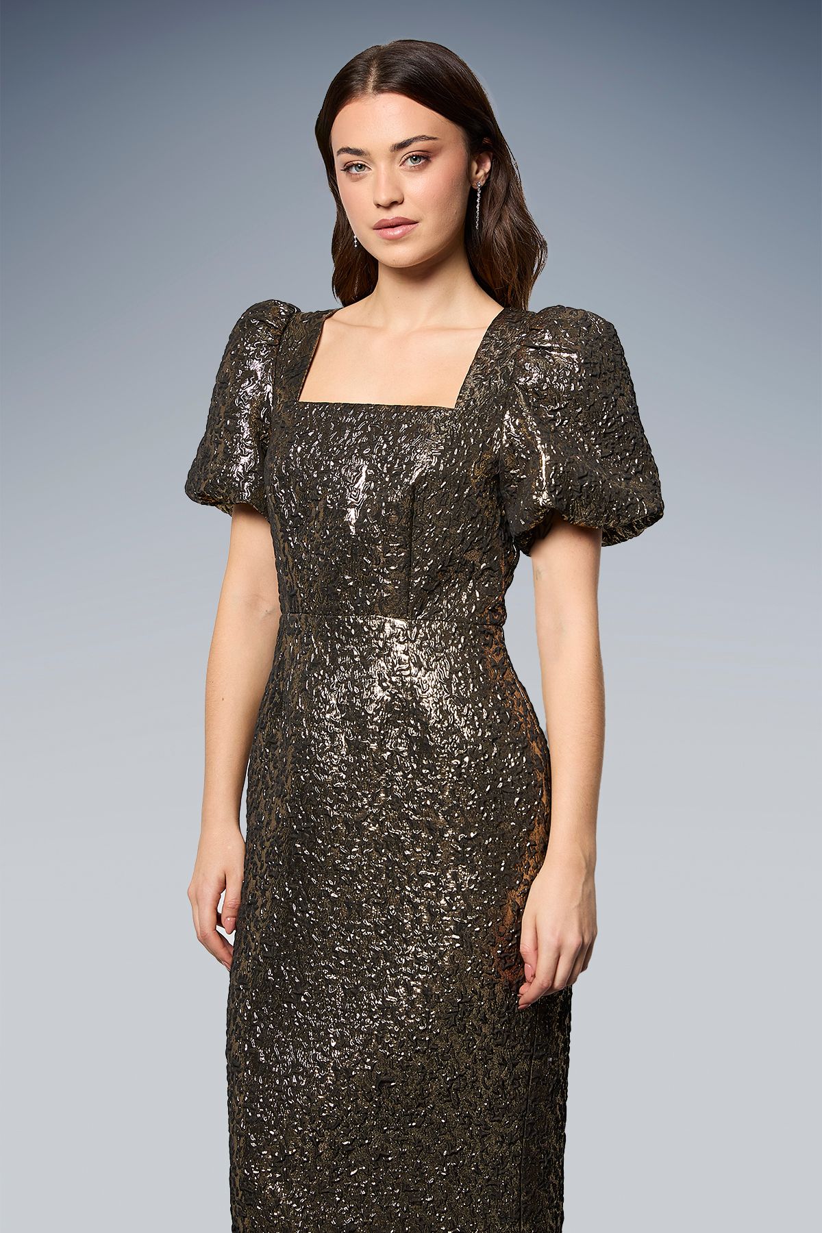Dorothy Perkins DP Luxe Metallic Jacquard Puff Sleeve Midi Dress