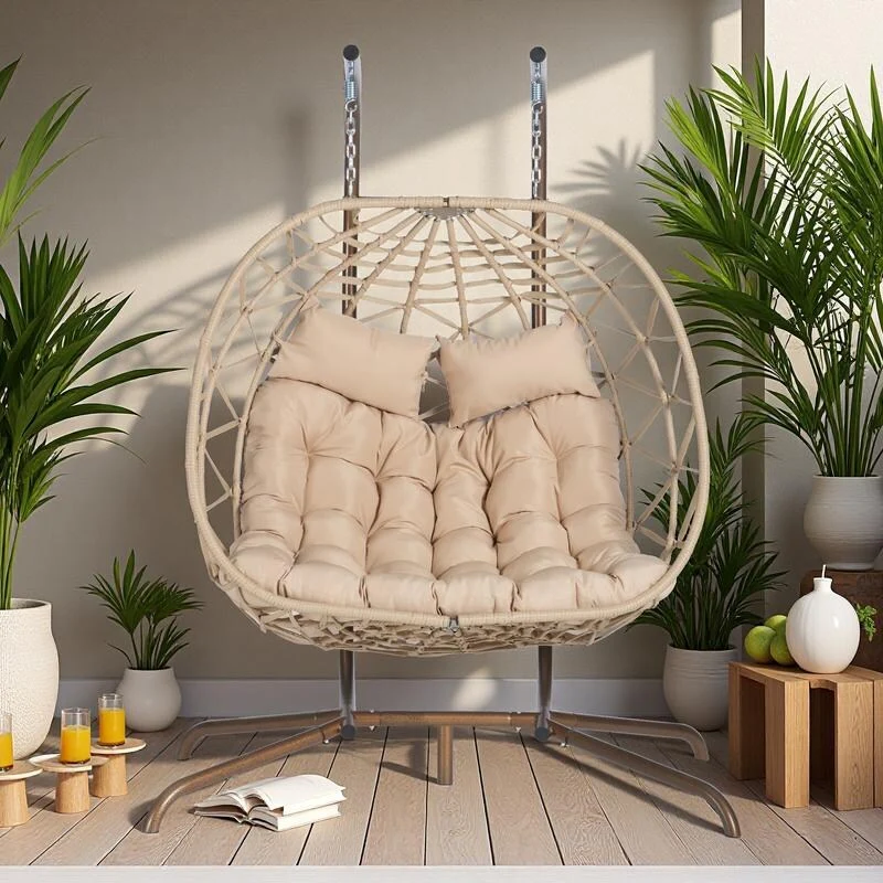 Double Rattan Egg Chair with Stand and UV-Resistant Cushions and Iron Frame - Outdoor Hanging Swing (600lb Capacity)