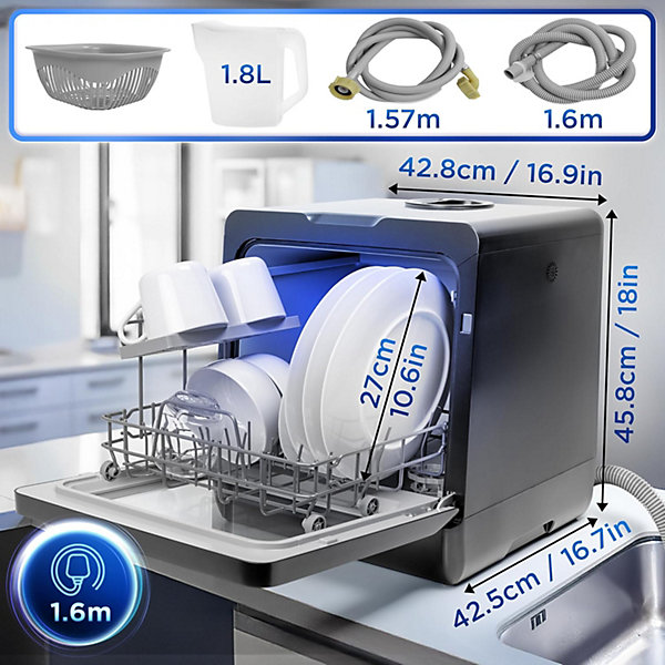 DW5 BK Lave vaisselle de table 950W 6 programmes lavage séchage Machine compacte posable Gain de place Sécurité enfants Duronic