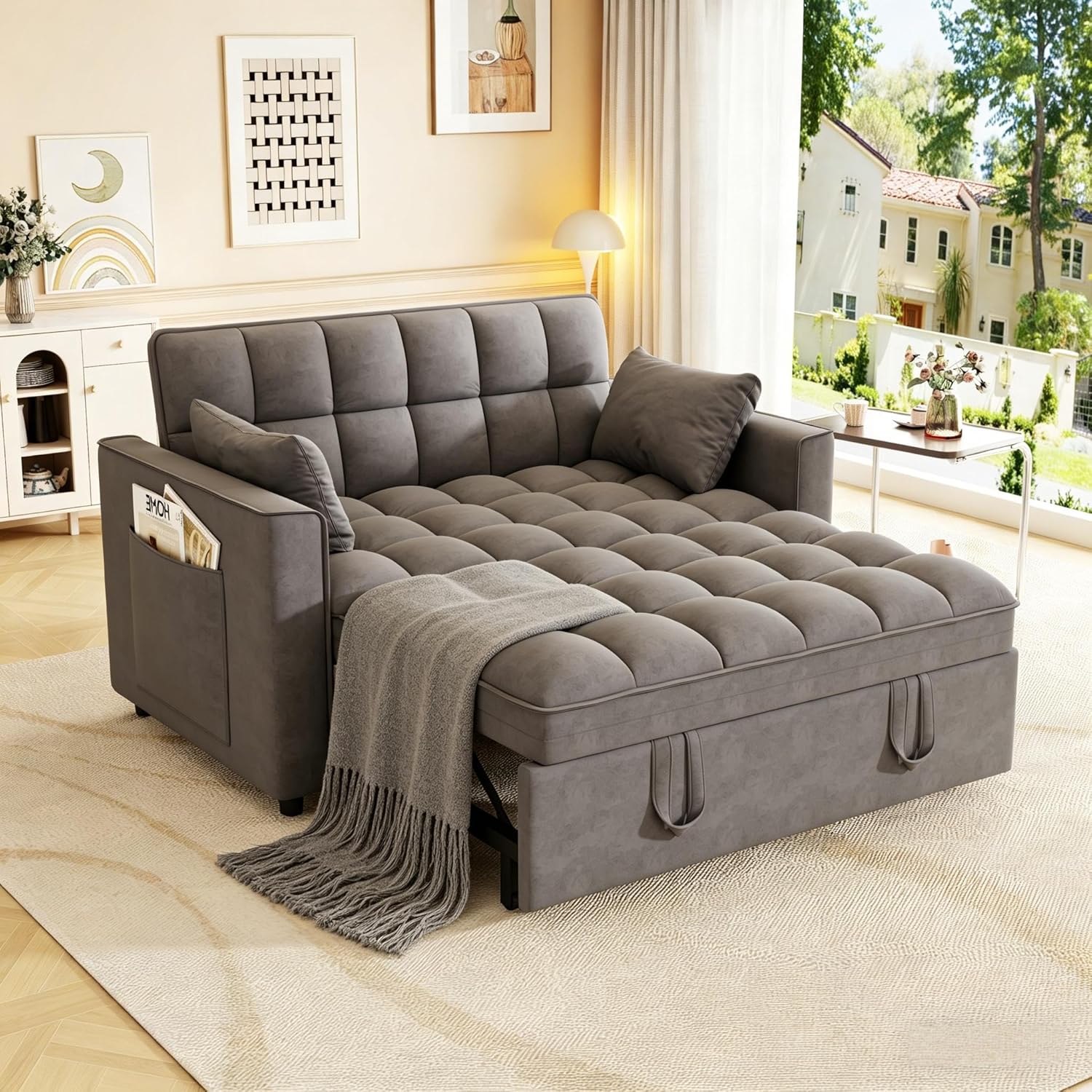 3 in 1 Convertible Sleeper Sofa Bed, Pull Out Couch Loveseat Futon, Adjustable Backrest Velvet Sofa with Pillows and Side Pockets for Living Room Apartment, Grey