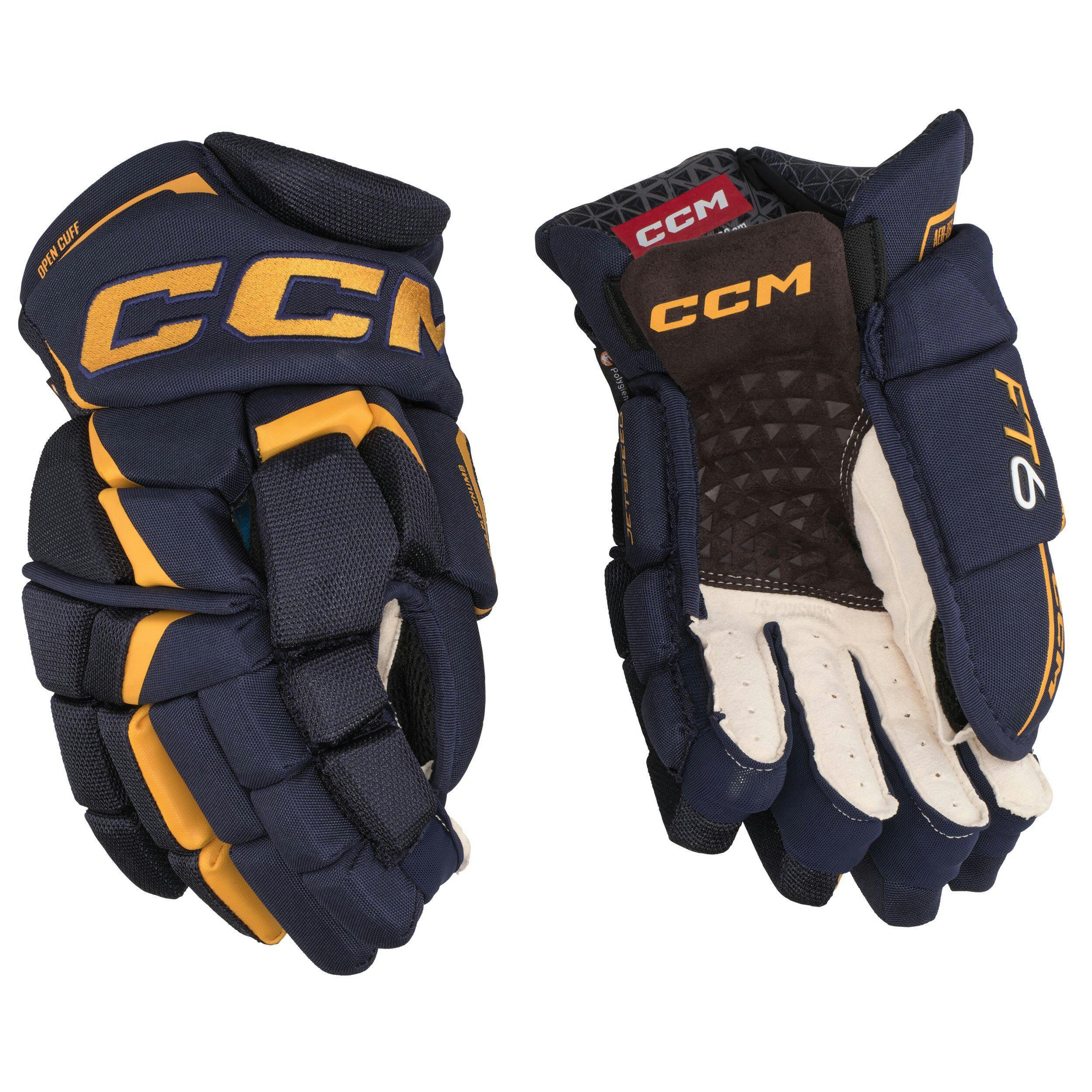 CCM Jetspeed FT6 Hockey Gloves, Senior, Navy/Yellow, Assorted Sizes