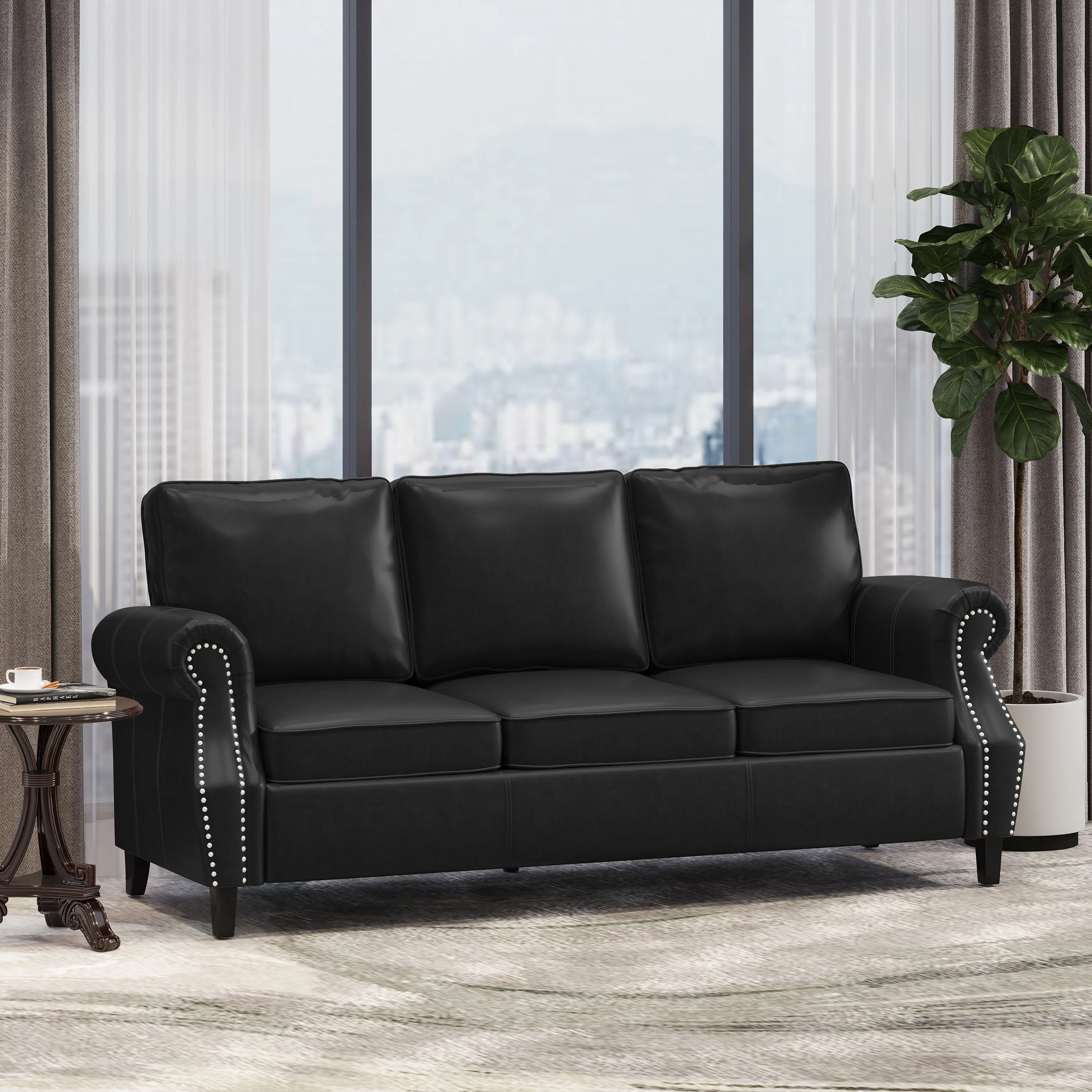 Black Modern 80 Faux Leather 3-seater Sofa with Birch Wood Legs and Nailheads for Living Room