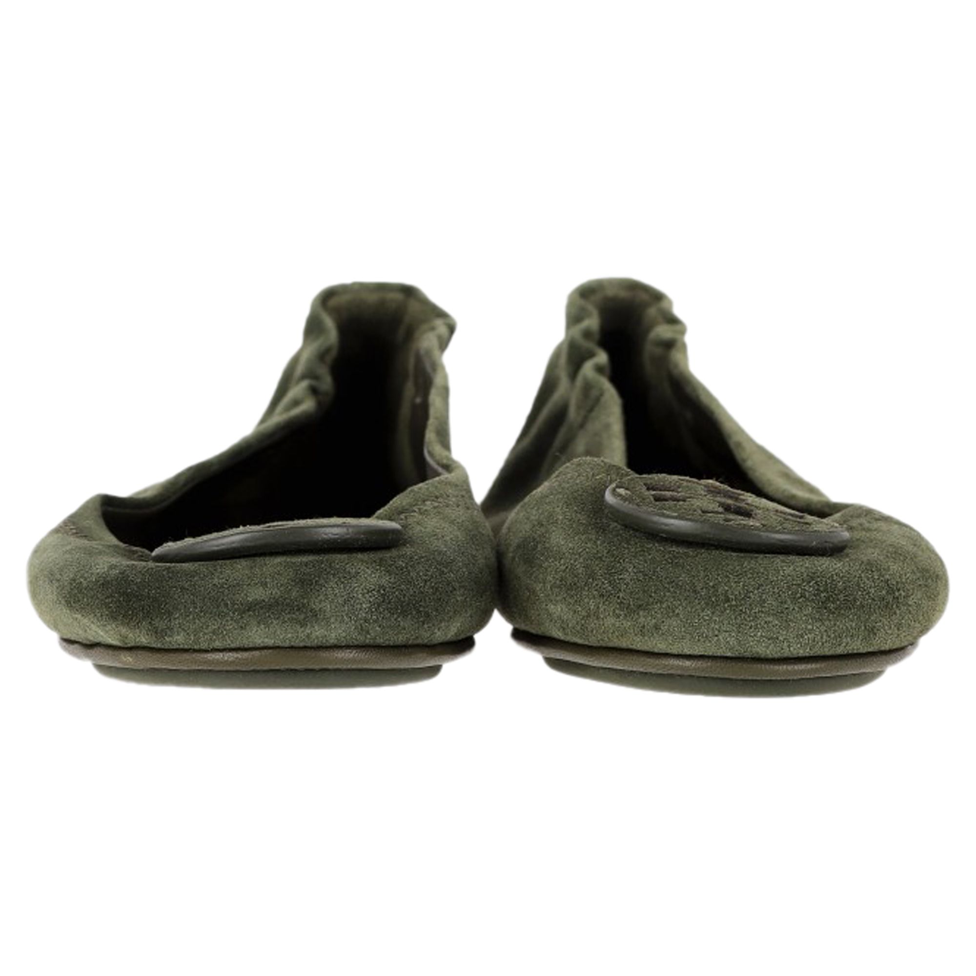 Tory Burch Preloved Minnie Travel Ballet Flats in Green Suede