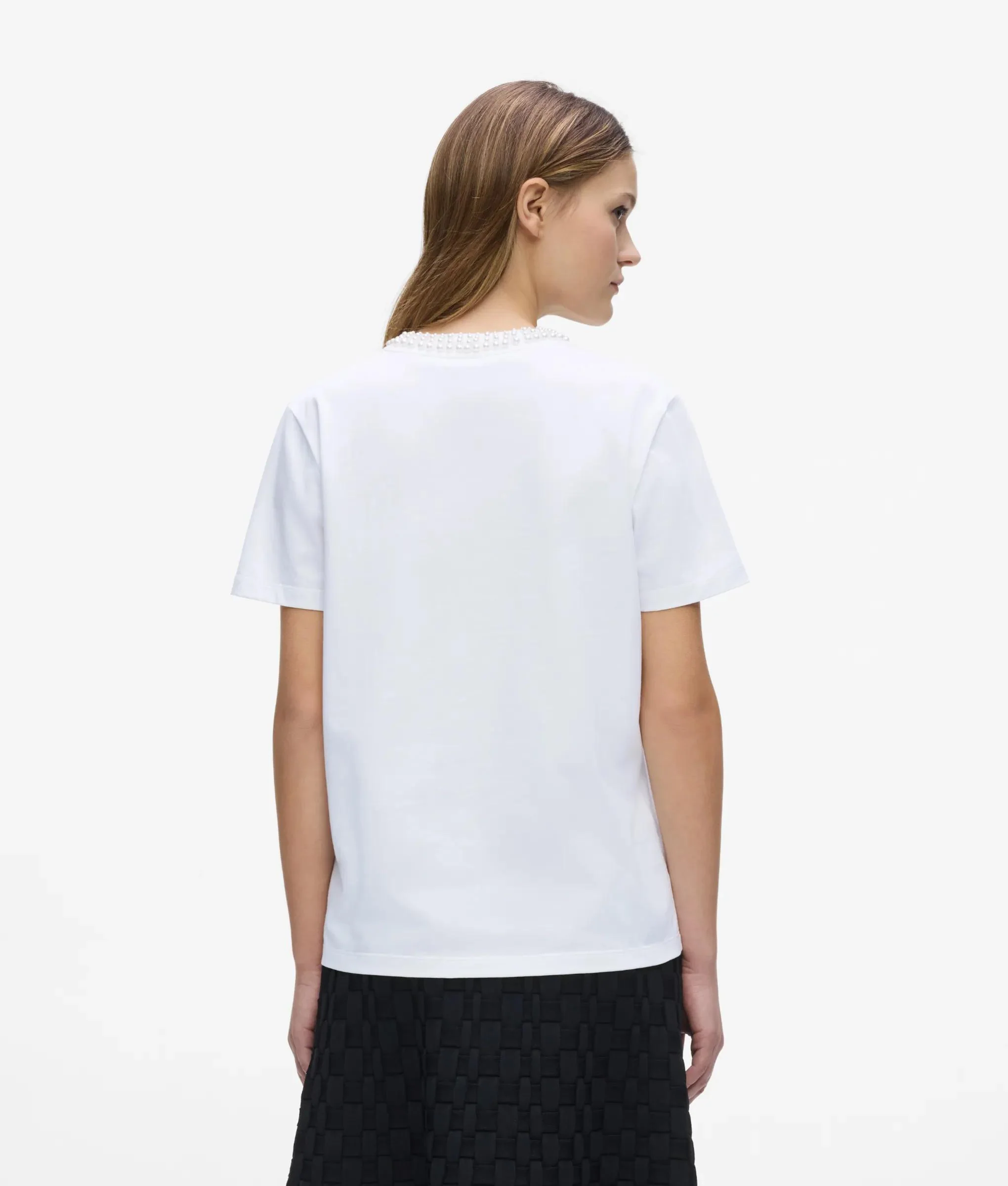 T-shirt à col rond orné de perles fantaisie