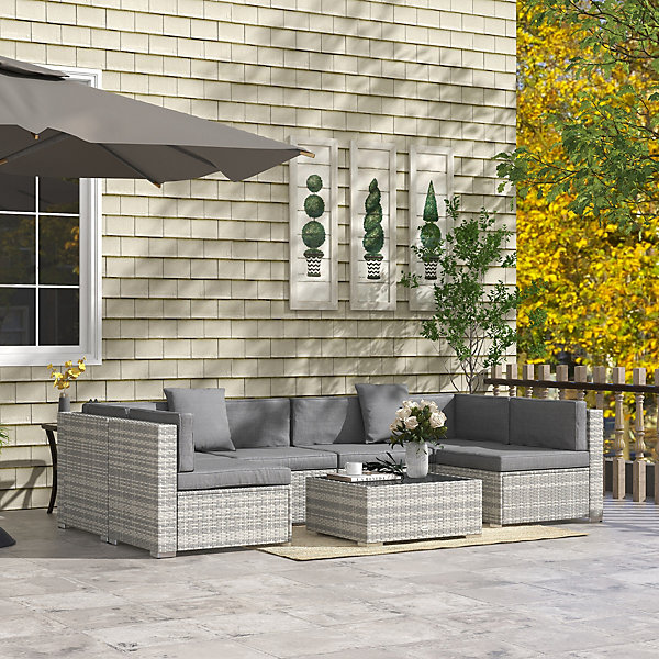 Ensemble salon de jardin 7 pièces modulables table basse plateau verre coussins déhoussables résine tressée imitation rotin gris