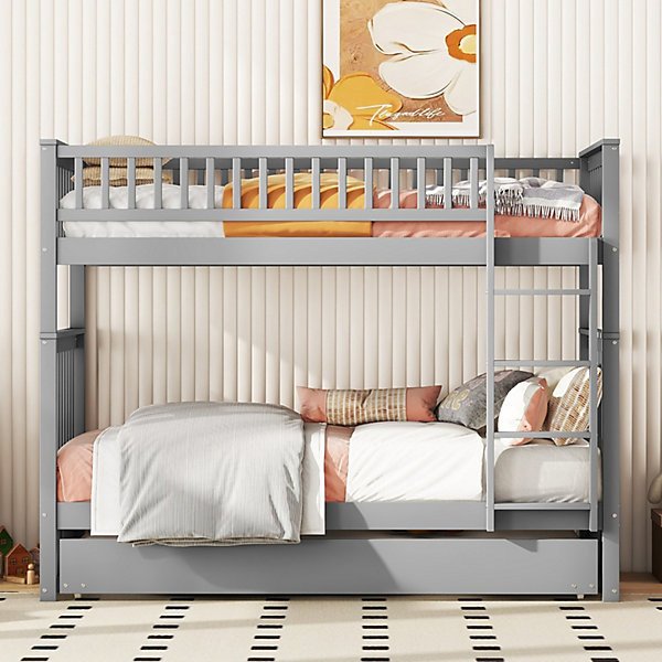 Lit superposé 90x200cm avec 1 lit gigogne 90x190cm, avec garde-corps haut escalier stable, anti-chutes, gris