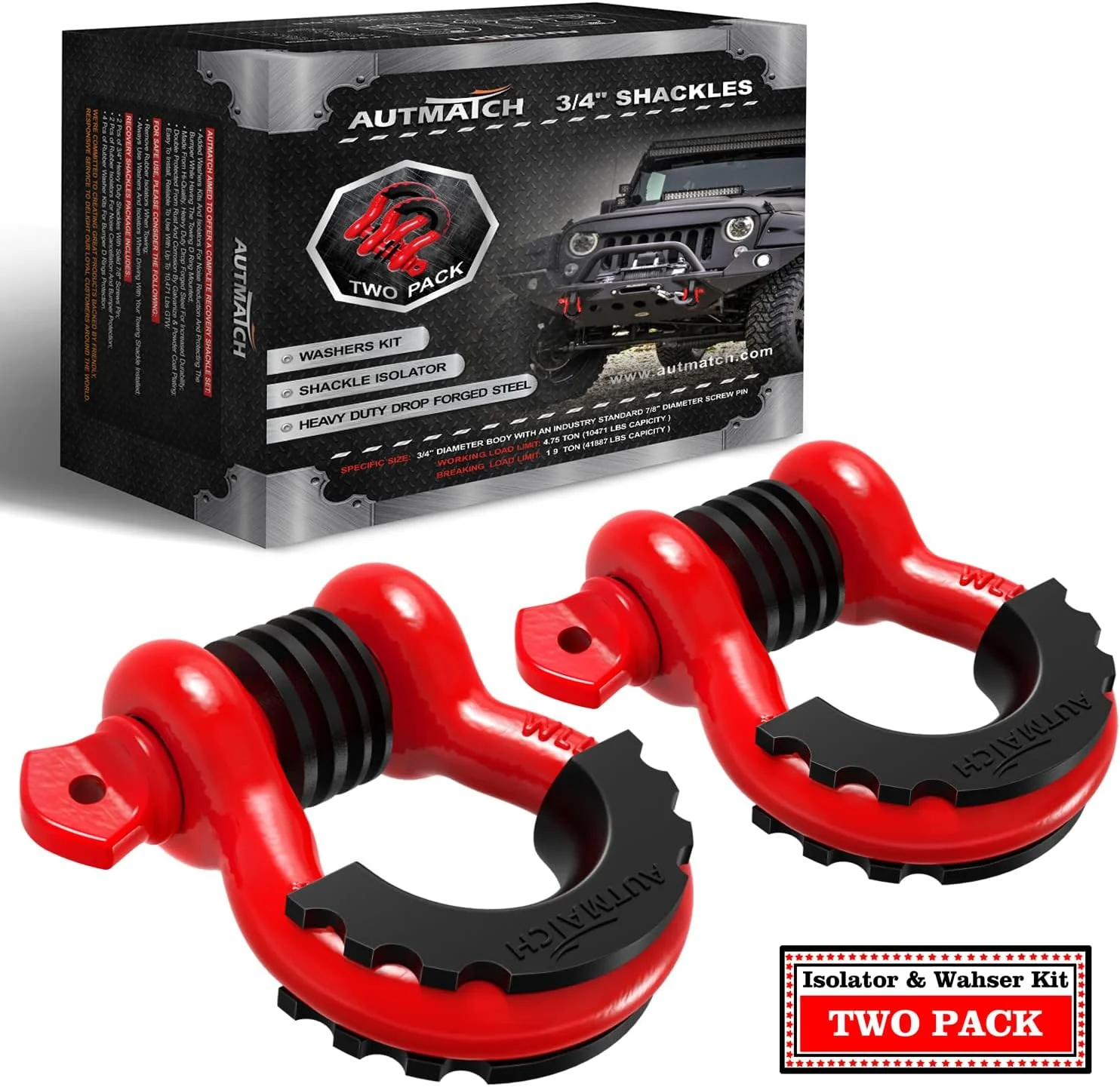 AUTMATCH D Ring Shackle 3/4 Shackles (2 Pack) 41,887Ibs Break Strength with 7/8 Screw Pin