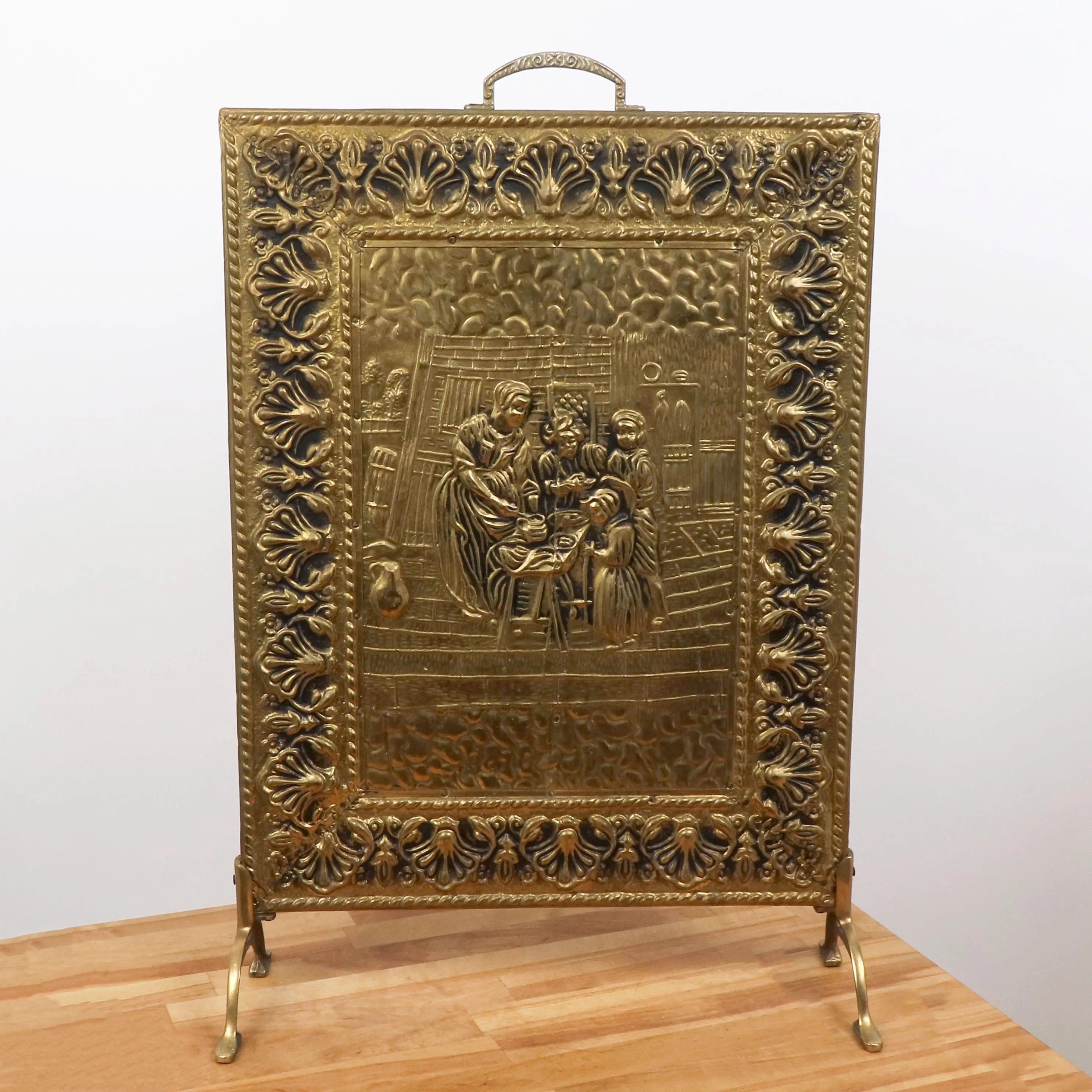 Vintage Brass Fireplace Screen | Embossed Firescreen with Wooden Back | Victorian Style Fire Guard | Hearth Decor | Brass Fender Screen