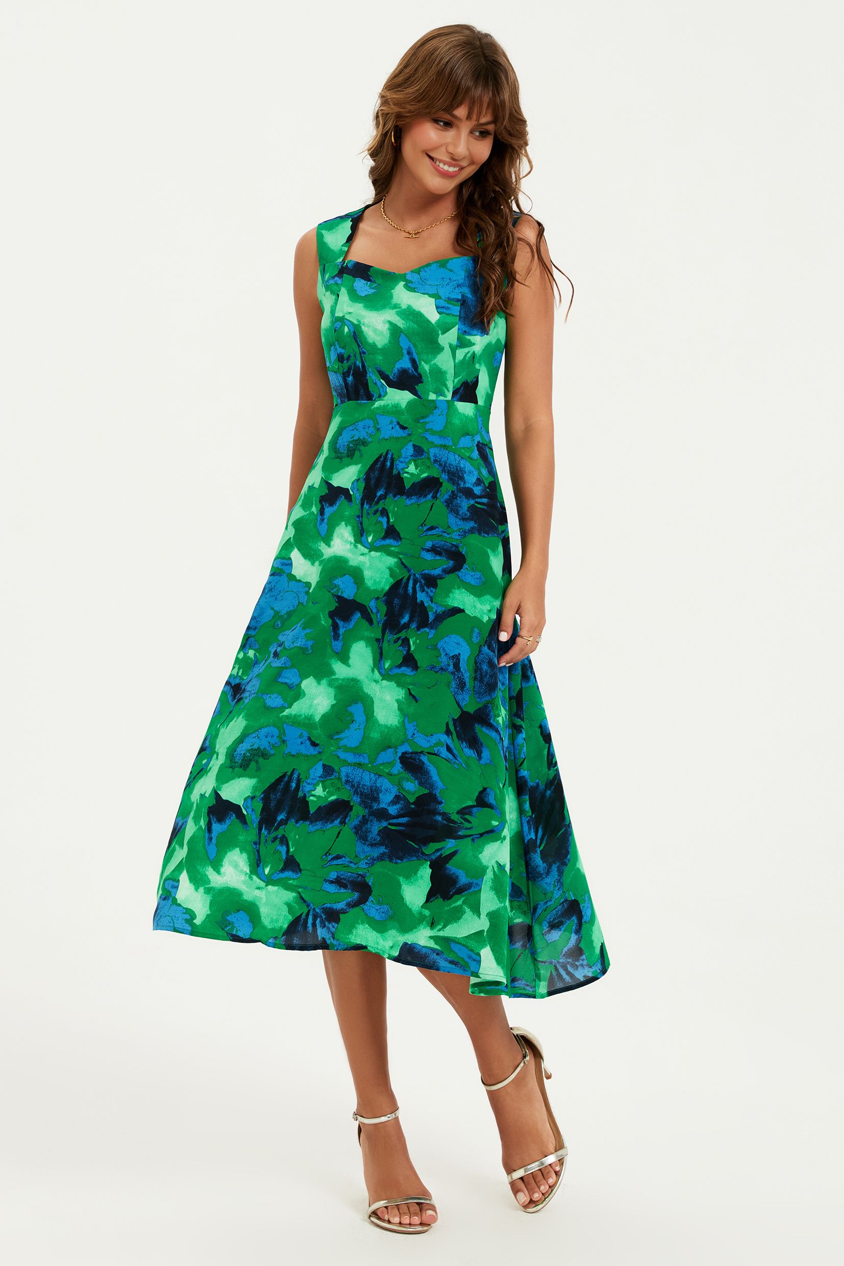 FS Collection Floral Print Sleeveless Sweetheart Neckline Midi Dress