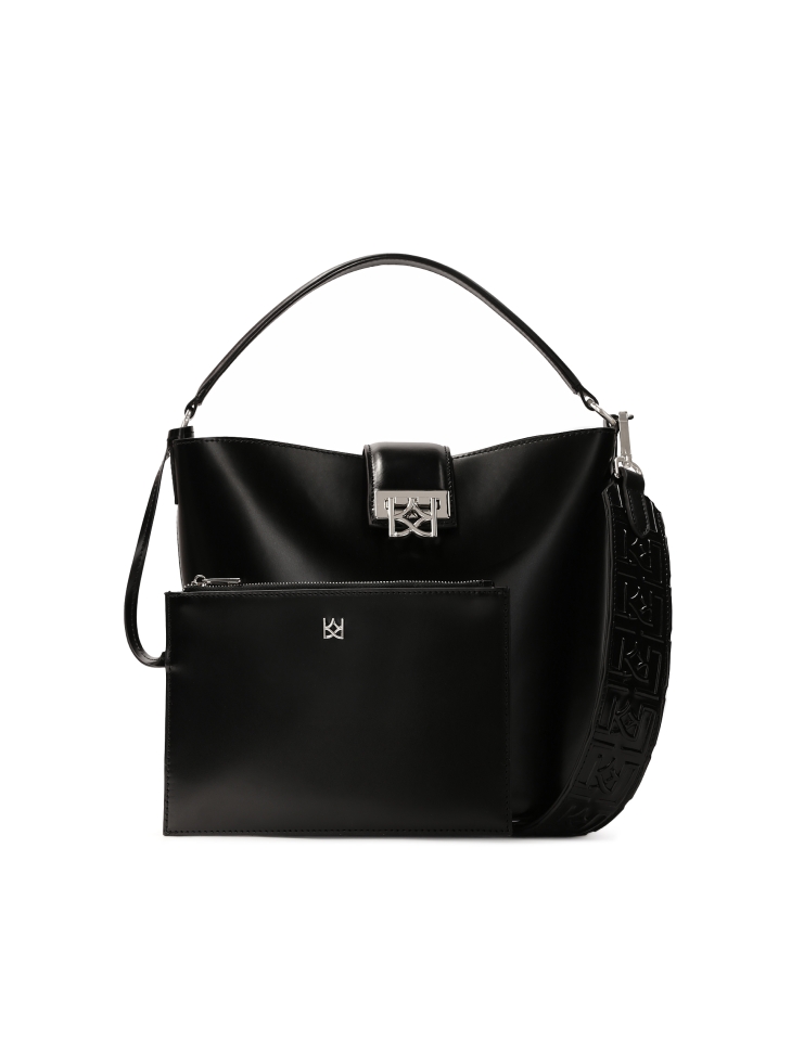 Black rigid construction handbag with pouch