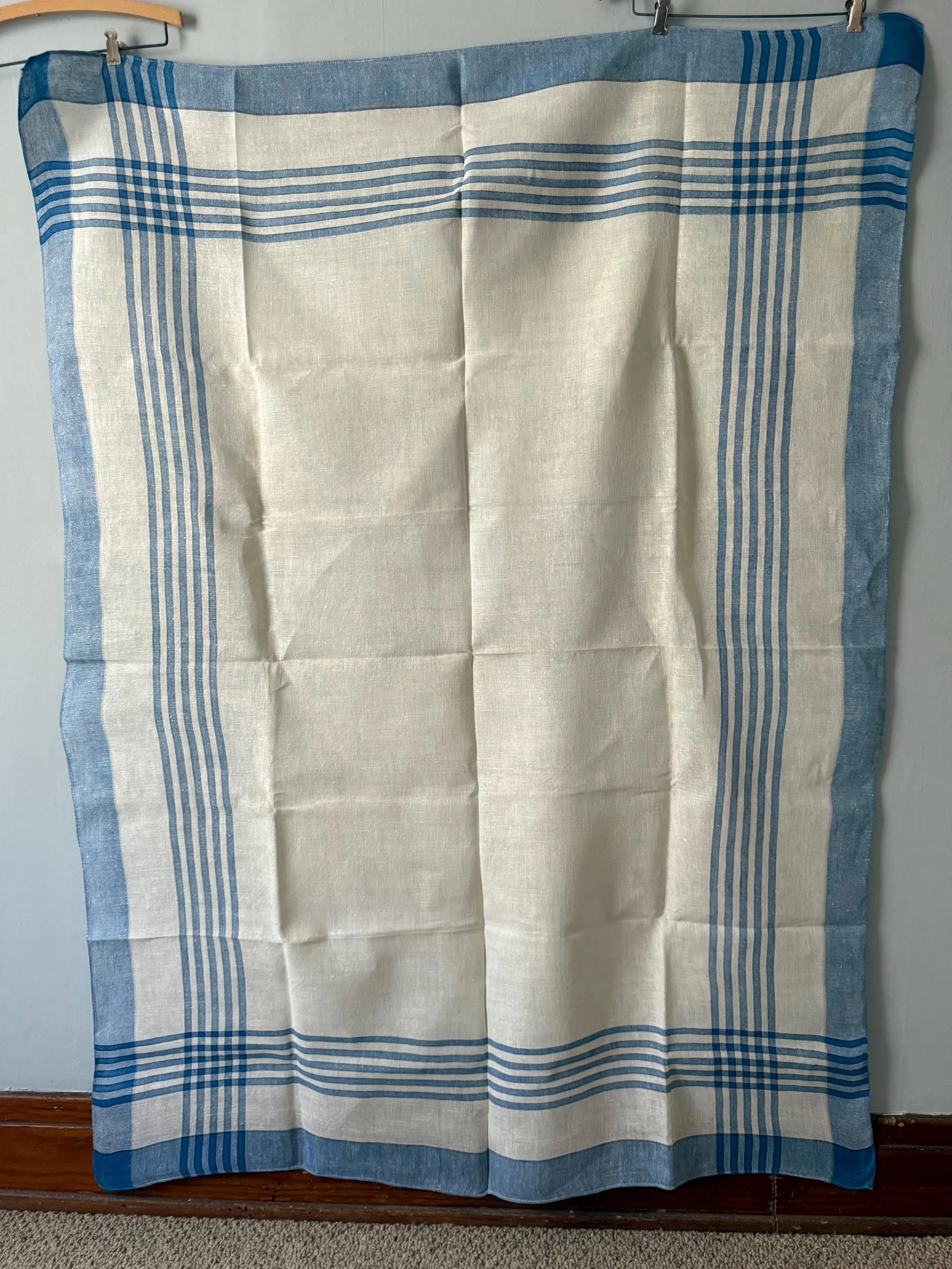 Vintage 1950s Thin Sheer Linen Tablecloth Blue White