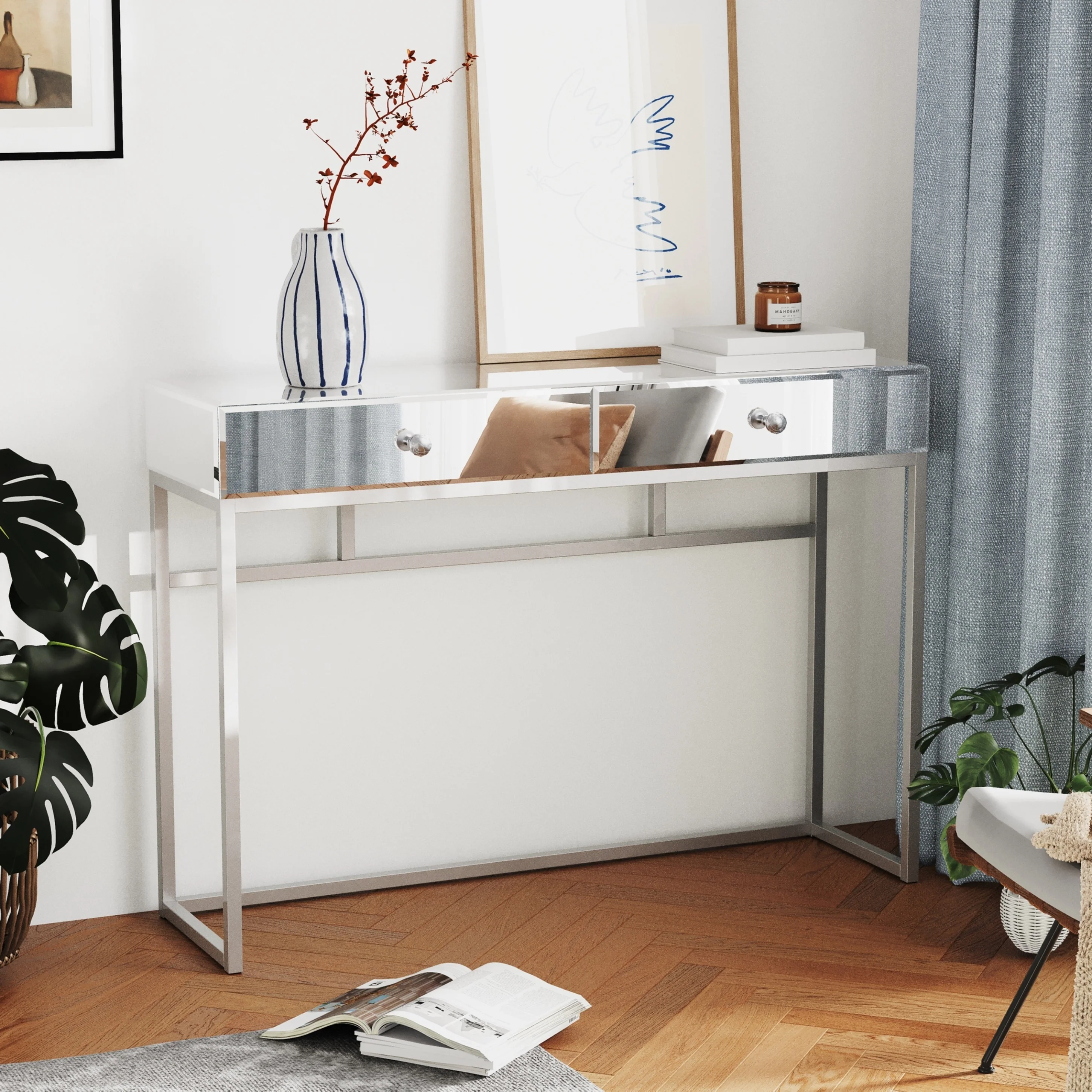 Modern Mirrored Console Table with 2 Drawers for Entryway/Hallway Silver Bedroom Desk Sofa Tables