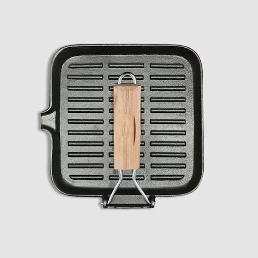 SOGA 2X 24cm Ribbed Cast Iron Square Steak Frying Grill Skillet Pan with Folding Wooden Handle