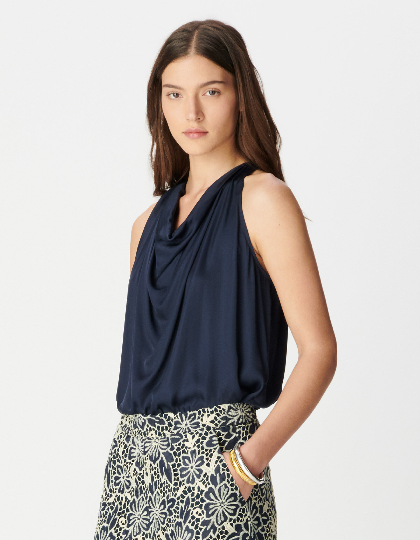 Top sans manches marine satiné Femme