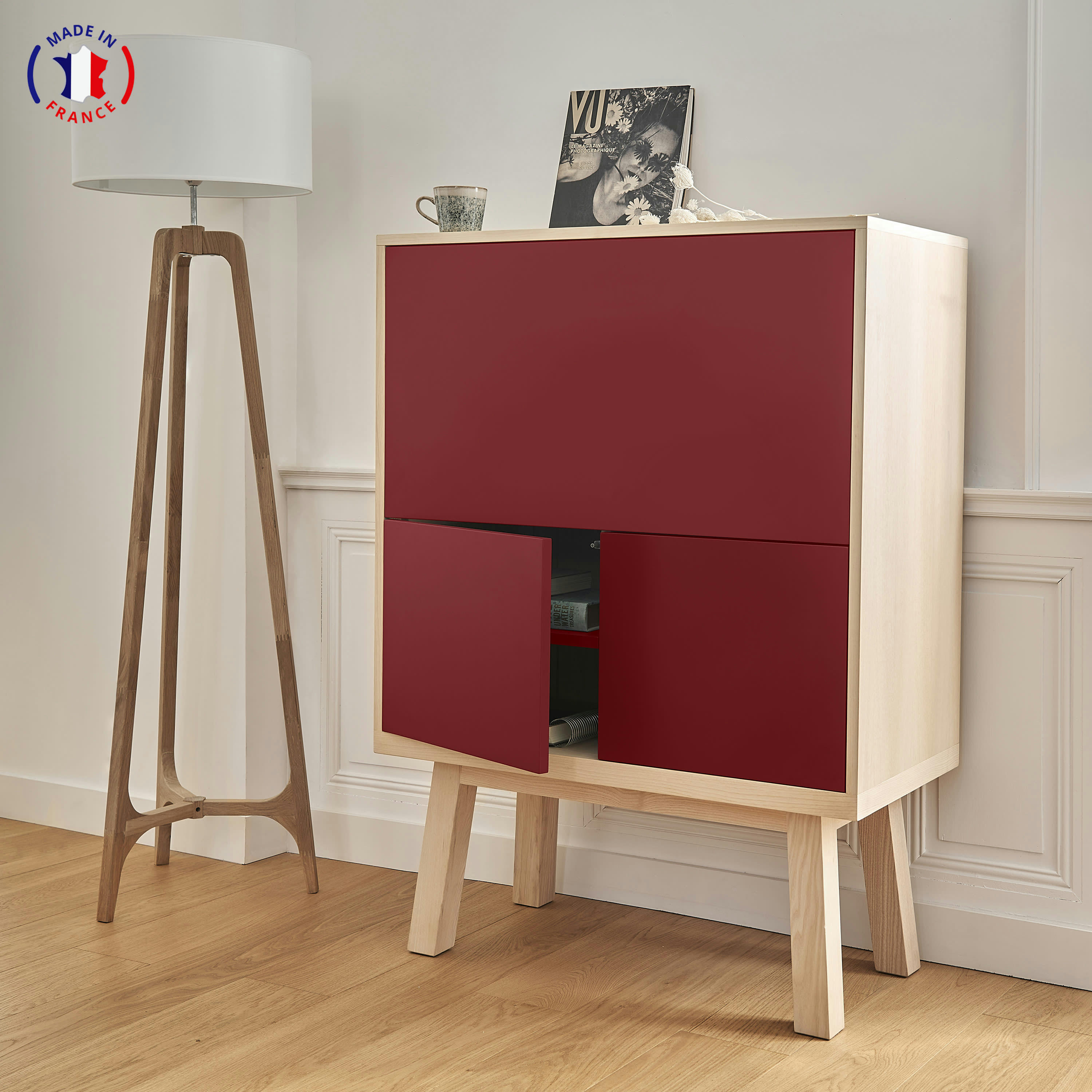 KUBE - Bureau secrétaire avec rangement de 90 cm de large, en frêne