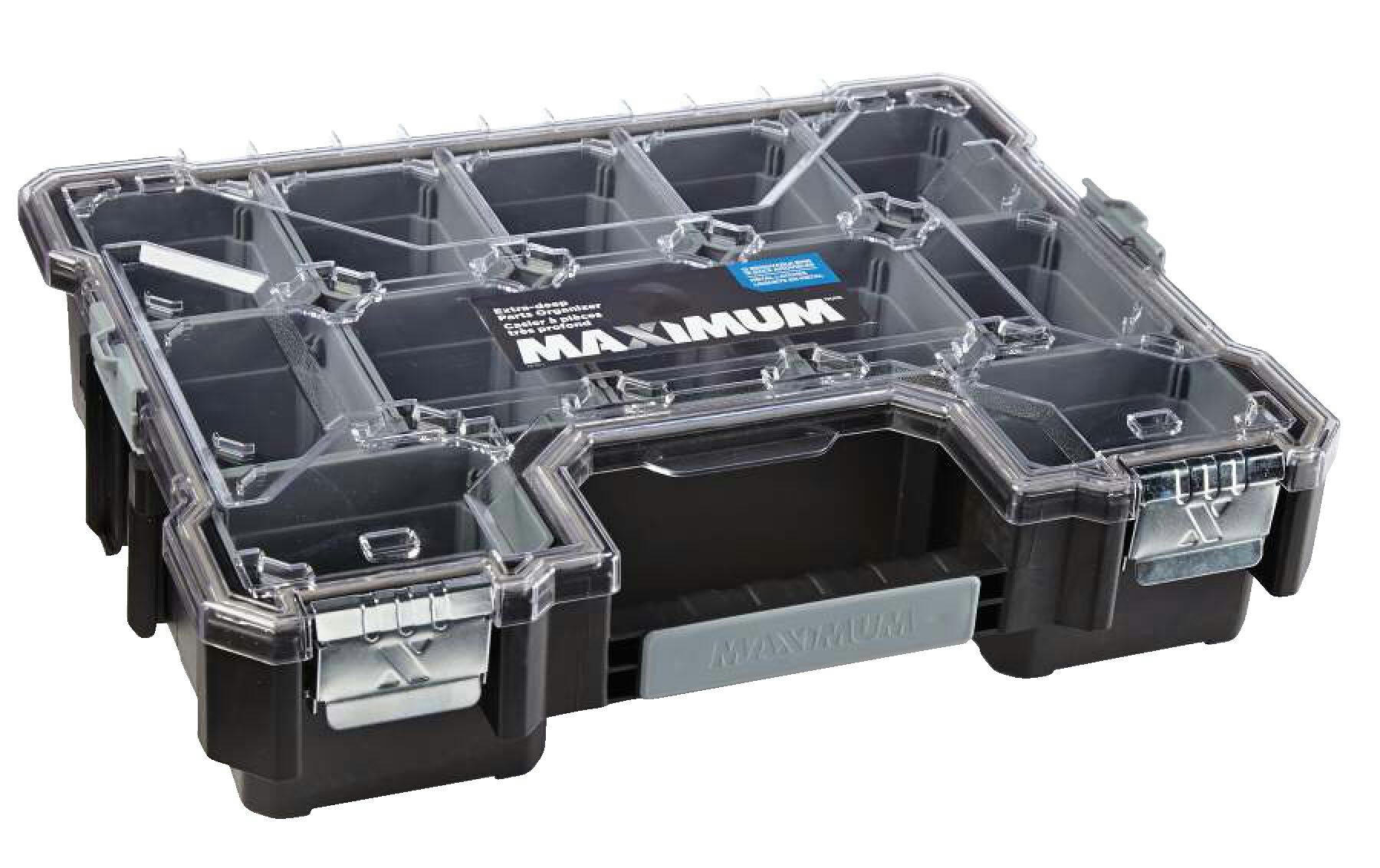 MAXIMUM Deep 12-Bin Stackable Professional Parts Organizer Tray w/ Lid, 18x14x4-in