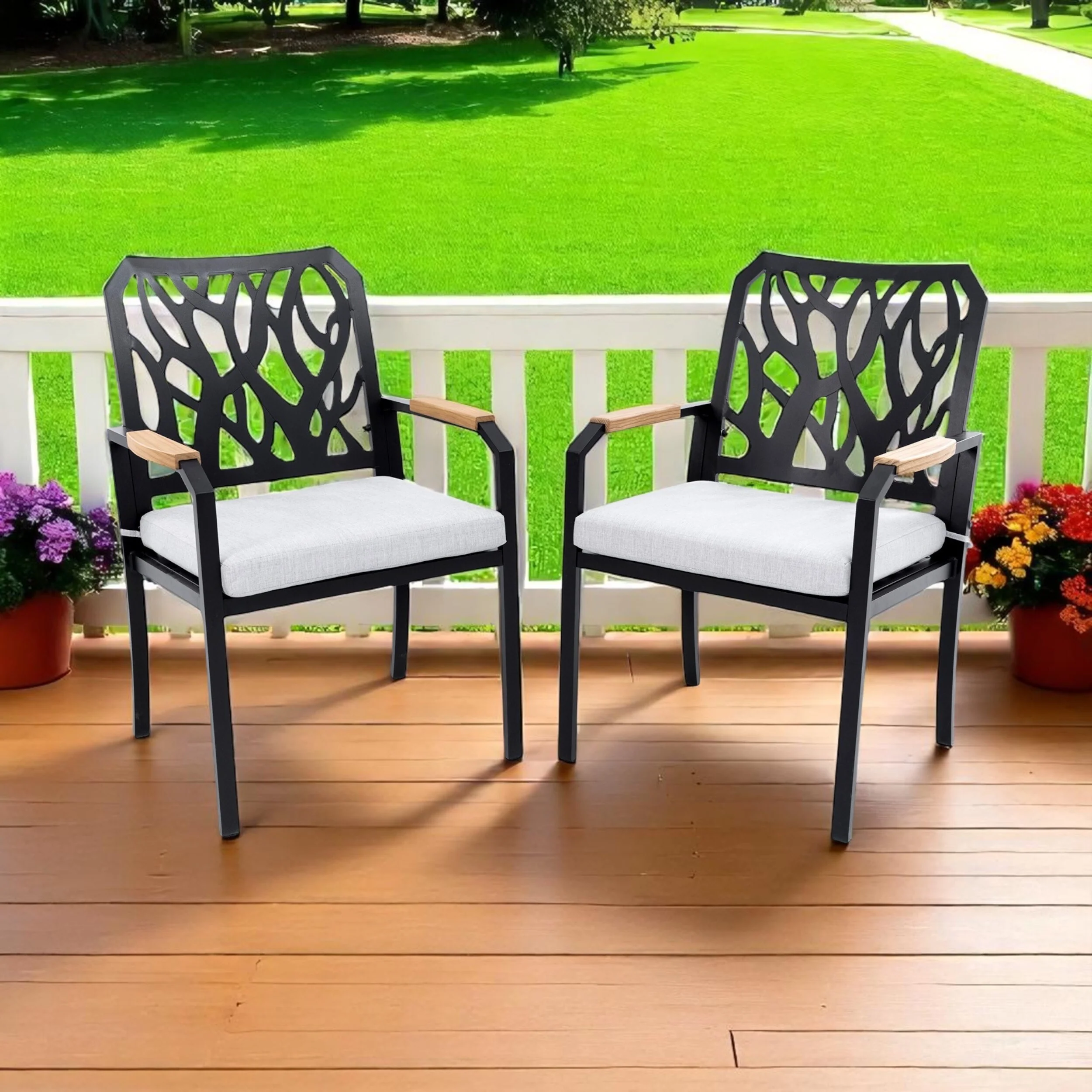 KISRAIS Modern Outdoor 2PC Aluminum Patio Dining Chairs, Sunbrella Fabric Cushion