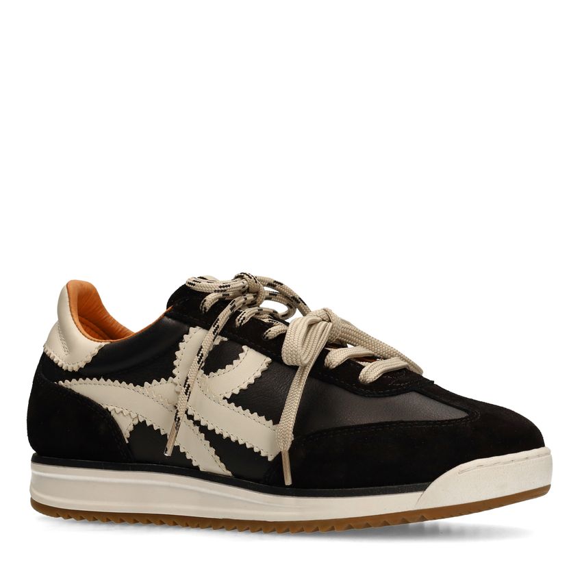 Manfield Zwarte leren sneakers met off white details