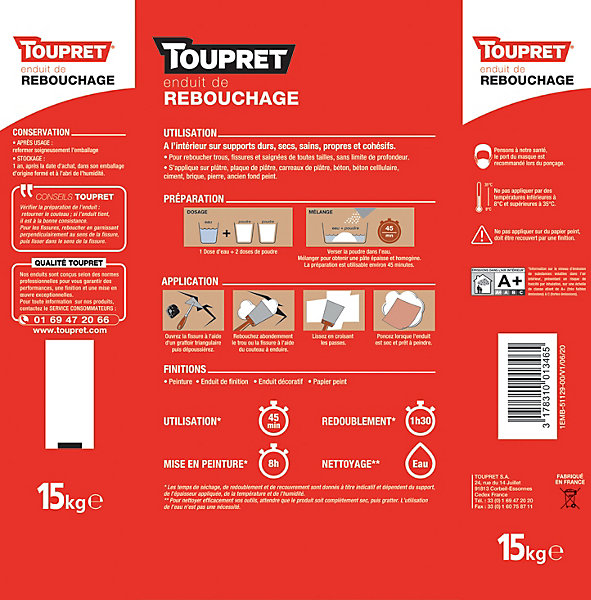 Enduit de rebouchage poudre blanc Toupret 15kg