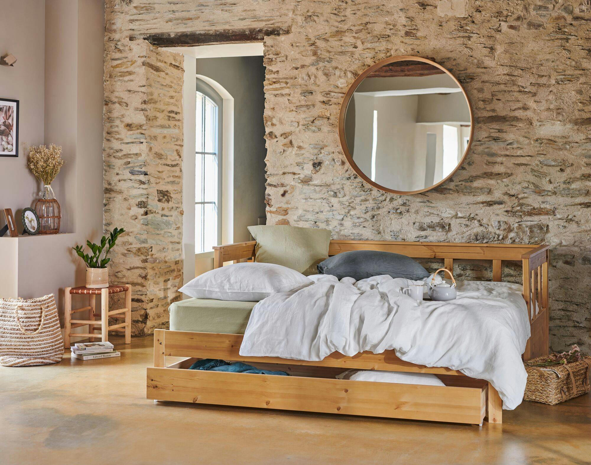 TANGUY - Lit rangement extensible en bois Miel 90 x 200 cm