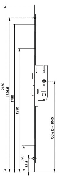 Crémone FERCOMATIC 50/70 2 galets têtière 18mm carré 7mm L 2150mm cote D 1045mm - FERCO - 6-33164-12-0-1