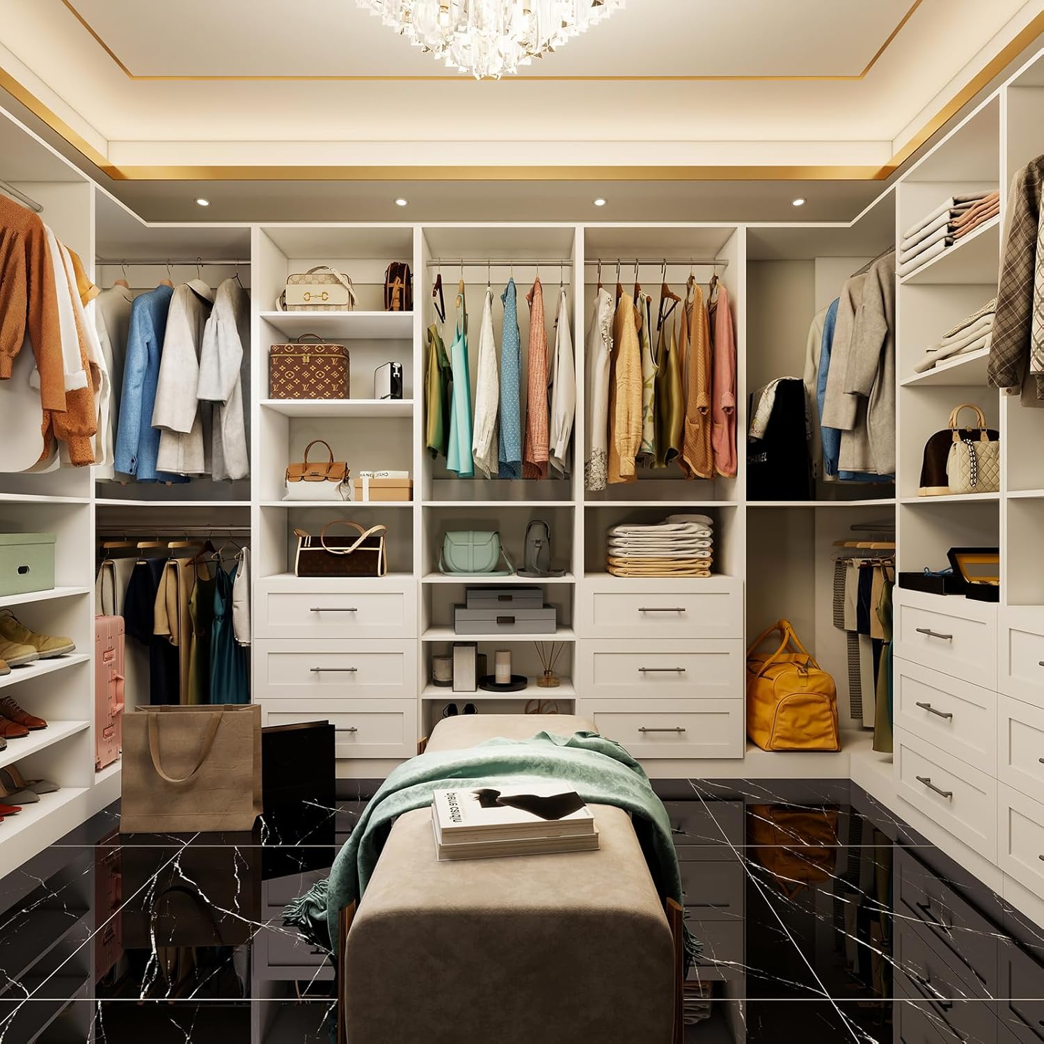 Closet System with 4 sets, 101.9 Closet Organizer Systems with 6 Drawers & 8 Hanging Rods & Adjustable Shelves, Walk in Closet Standing Closet System, Corner Closet System Set, White